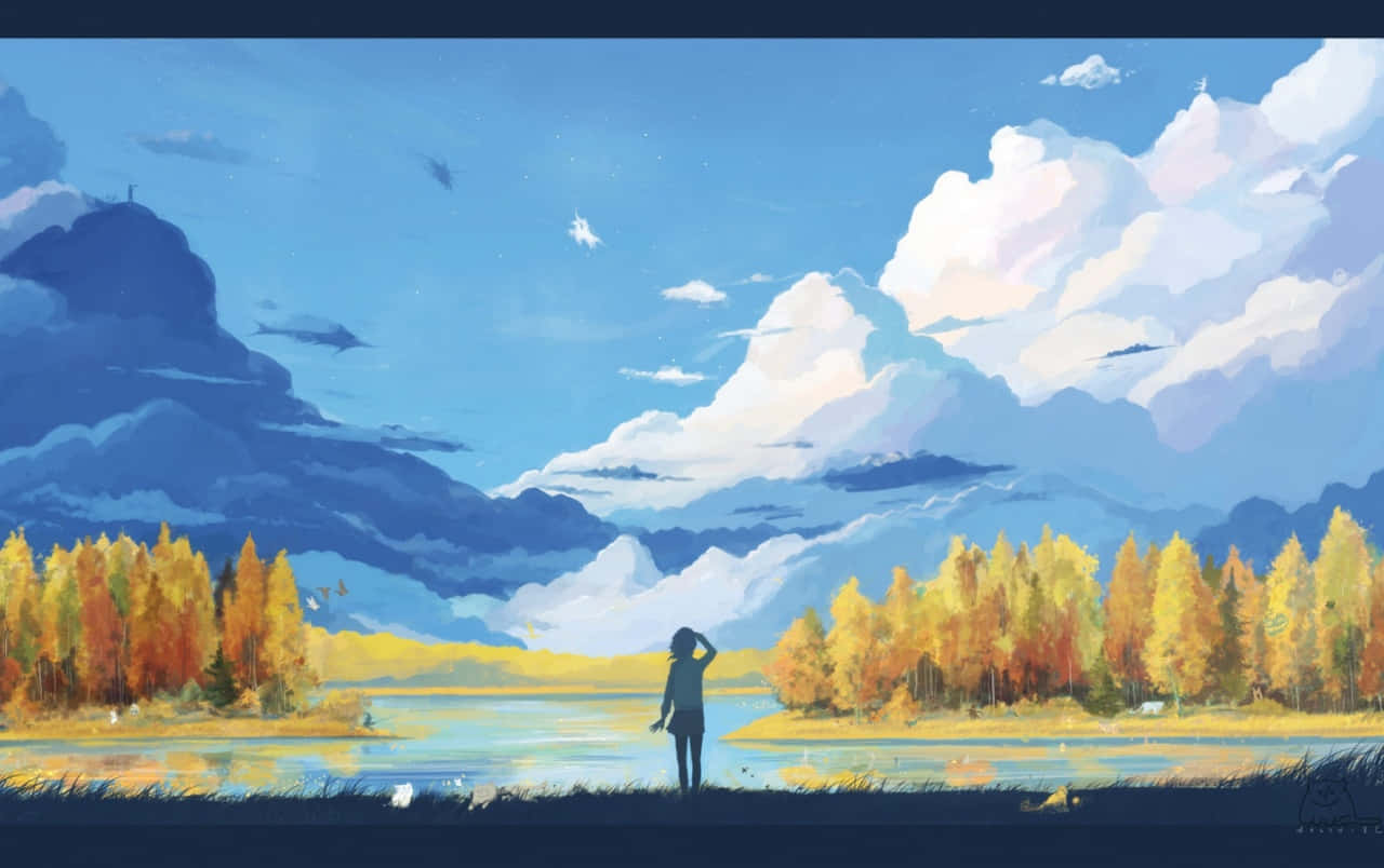 一個人站在湖邊，周圍是秋天的樹木和山脈，藍天白雲。 — 動畫風景 壁紙