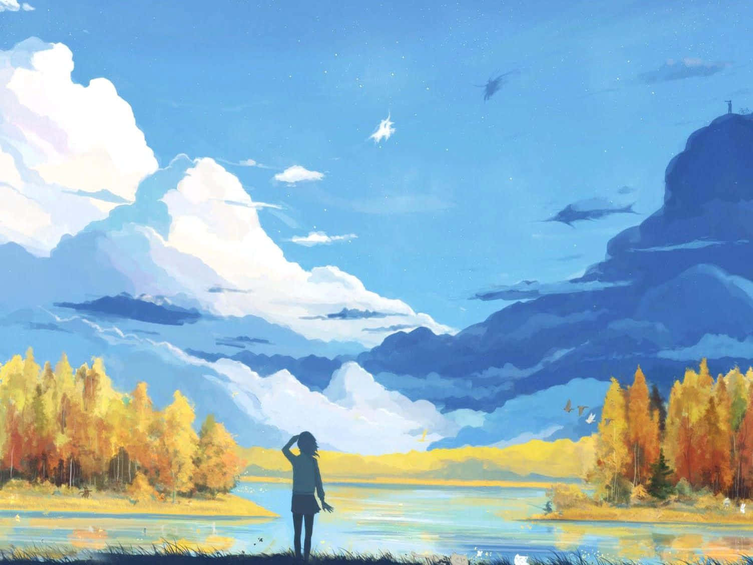 Illustration 桌布 壁紙 — 一個孤獨的身影站在平靜的湖邊，頭頂是廣闊的藍天、蓬鬆的白雲和遠山，四周環繞著金黃色的秋樹。