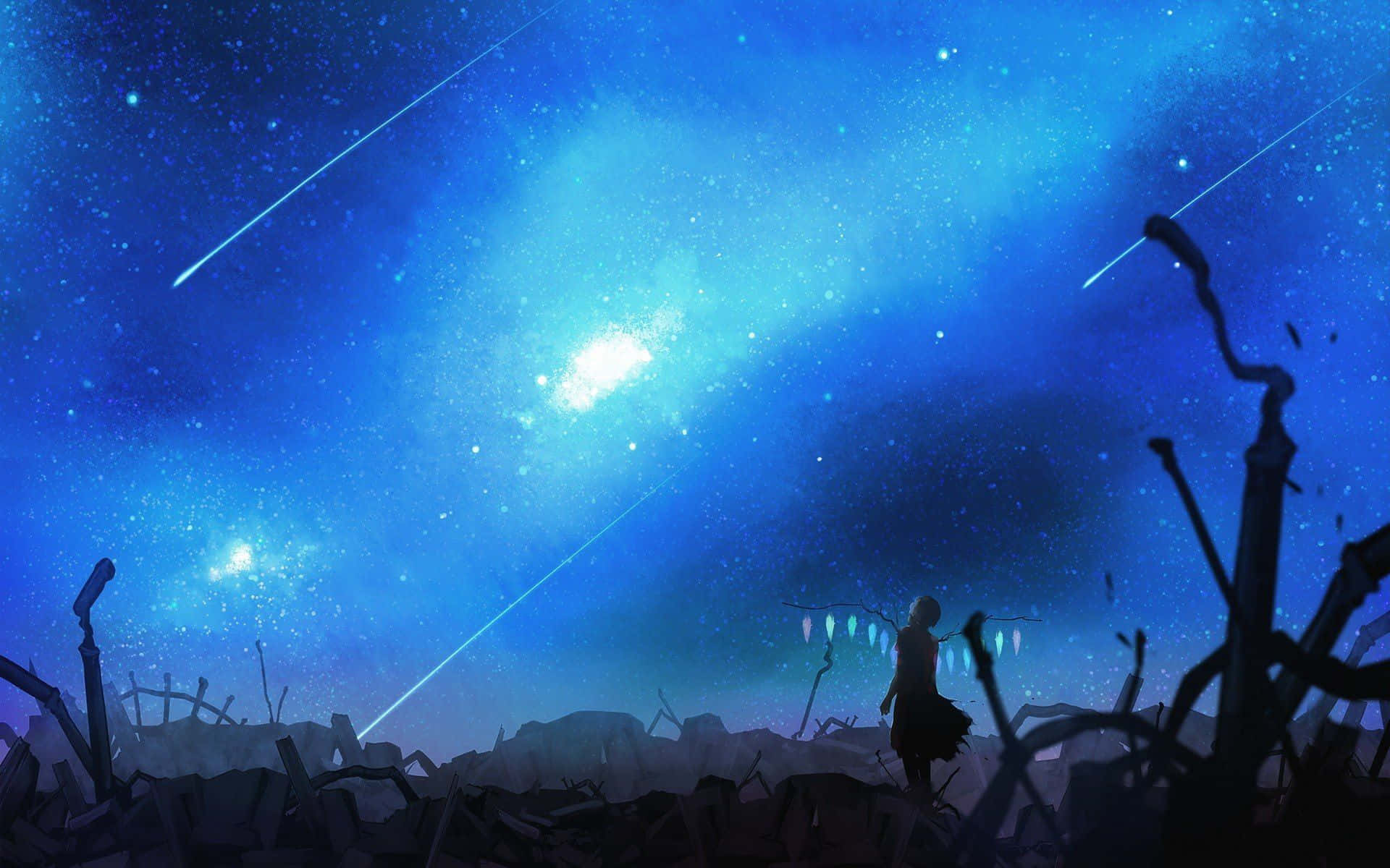 夜空 桌布 壁紙 — 一個孤獨的身影站在廢墟中，在充滿活力的藍色星空下，有流星和發光的星雲。