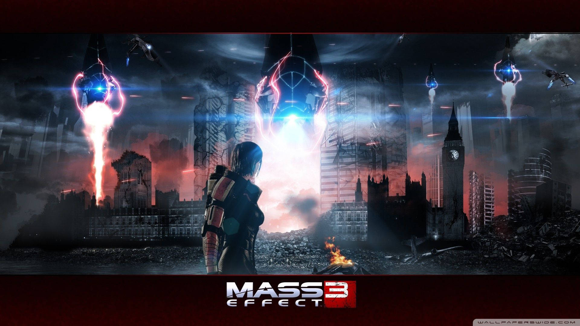 Mass Effect 3 桌布 壁紙 — 一個孤獨的身影站在廢墟的倫敦天際線前，發光的外星飛船穿過暴風雨的天空降臨。