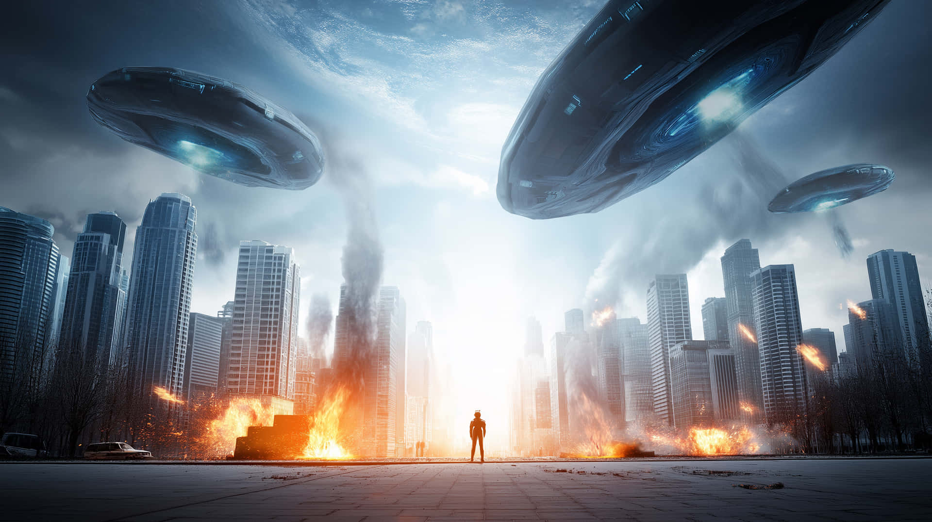An alien invasion scene on Earth 壁紙 — 一個孤獨的身影站在廢墟的城市廣場上，巨大的外星飛碟在暴風雨的天空下盤旋在燃燒的摩天大樓上方。