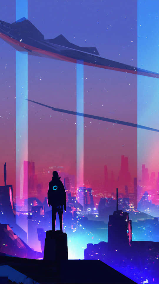540x960 桌布 壁紙 — 一個孤獨的身影站在廢墟頂端，俯瞰著暮色天空下、飛行車輛穿梭的發光未來城市景觀。
