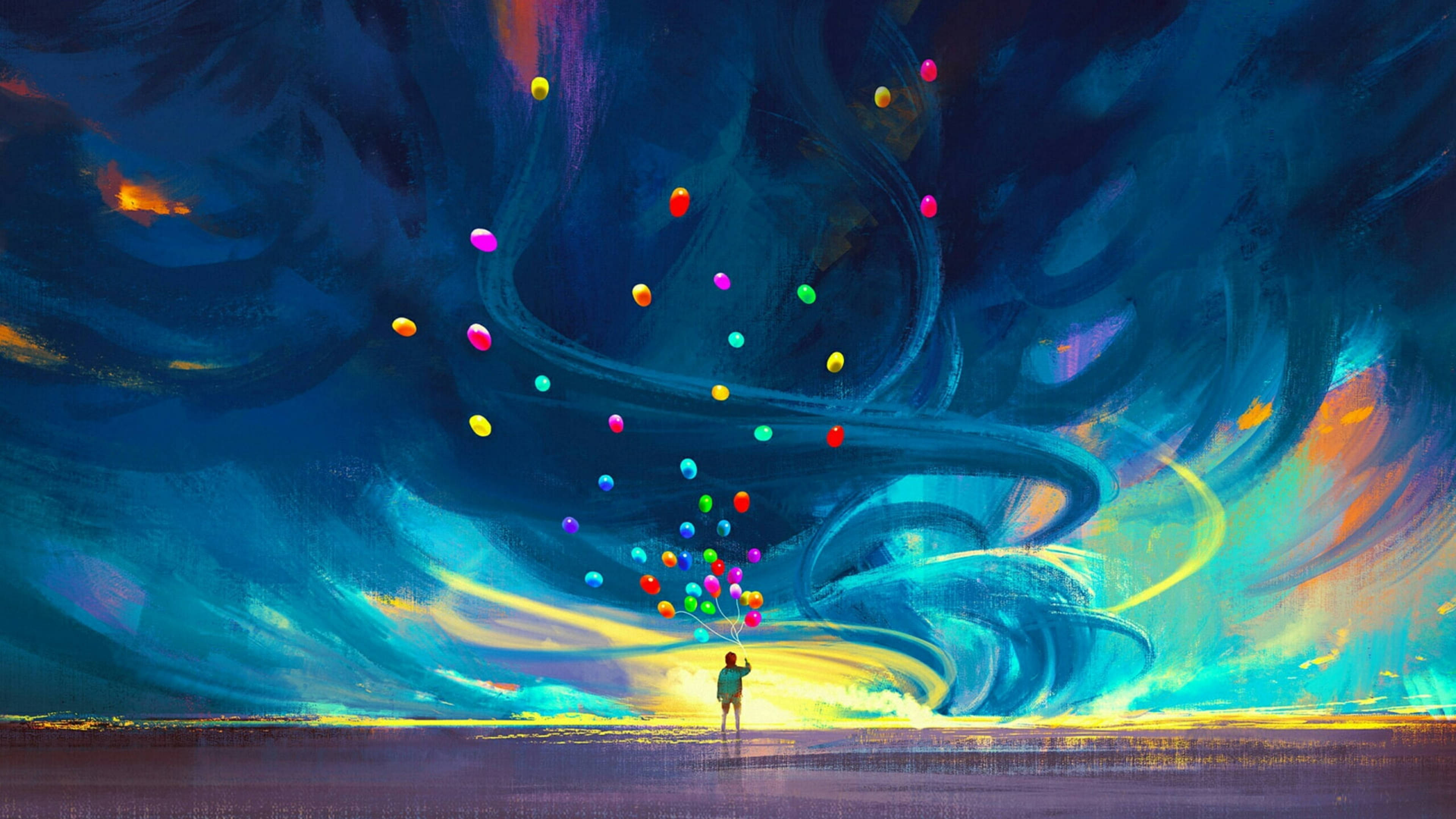 Canva 桌布 壁紙 — 一個孤獨的身影站在廣闊的平原上，釋放出一連串色彩繽紛的氣球，飄向由深藍和發光黃色繪成的漩渦宇宙天空。