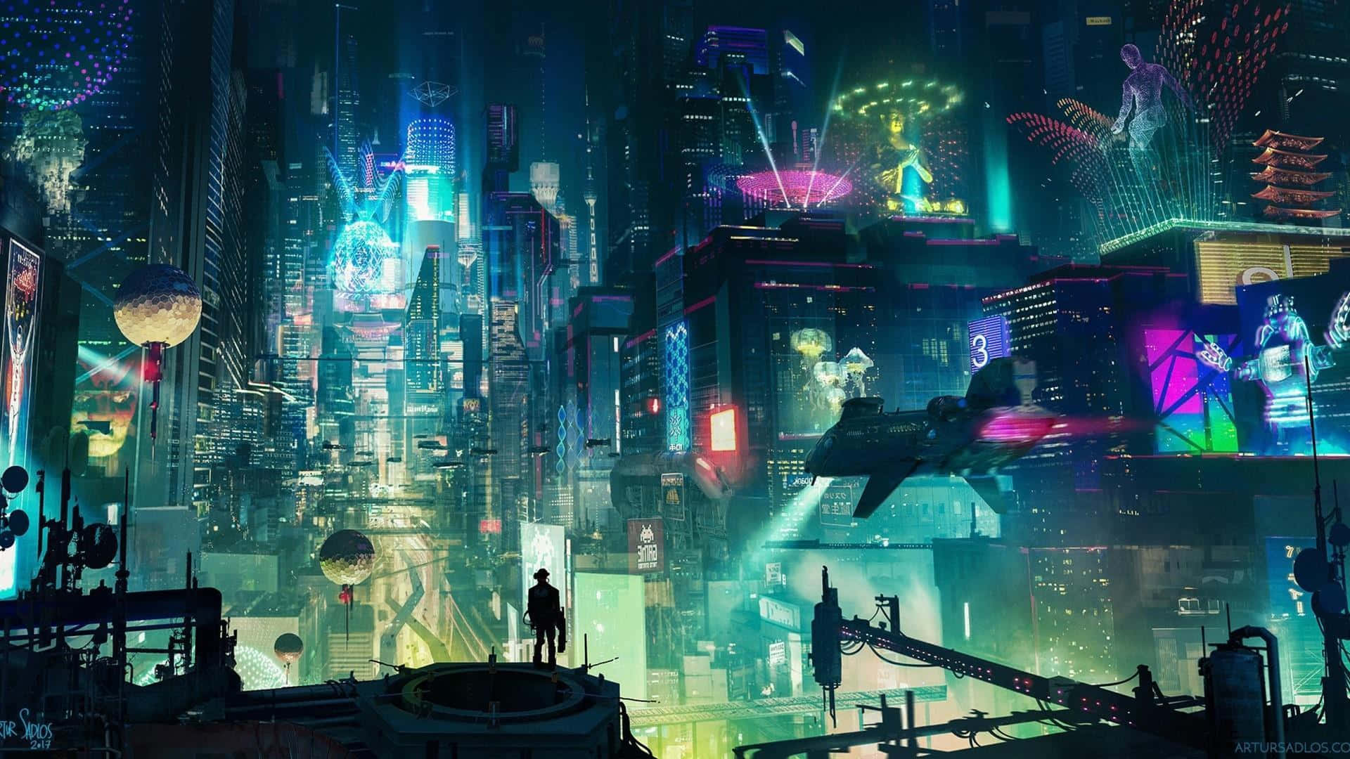 Cyberpunk Night City 桌布 壁紙 — 一個孤獨的身影站在建築物頂端，俯瞰著充滿霓虹燈光的賽博龐克城市景觀，有飛行車輛和高聳的摩天大樓。