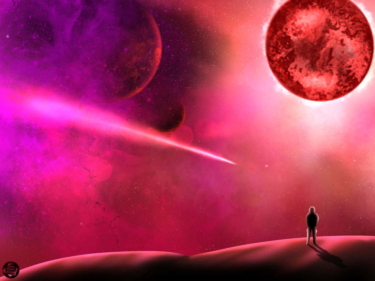 Red Space 桌布 壁紙 — 一個孤獨的身影站在彎曲的地平線上，凝視著充滿活力的粉紅色和紫色星雲，其中有發光的紅色行星和一顆劃過的彗星。