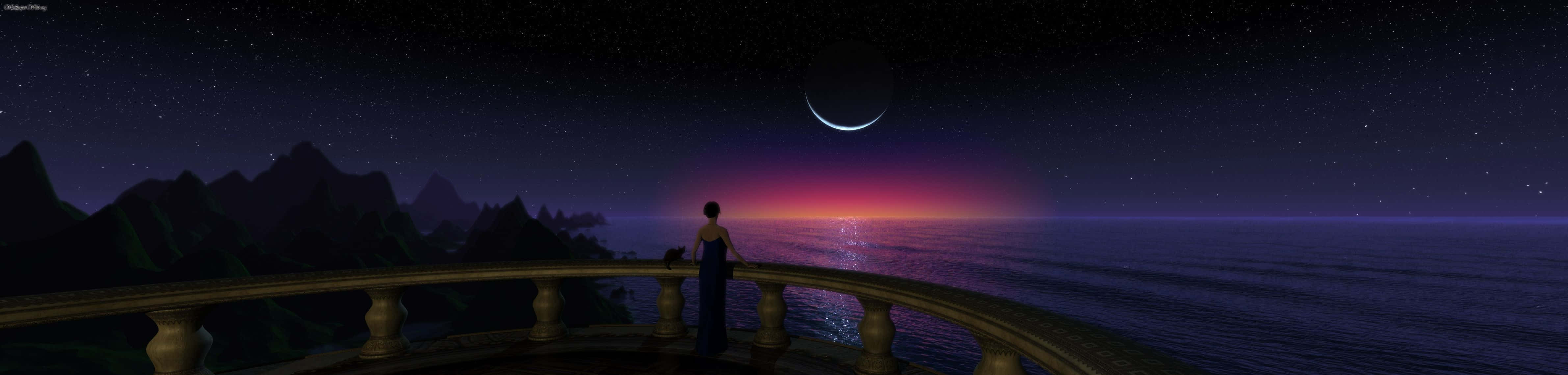 一個人在陽台上觀看新月在夜晚的山脈和海洋上升起的剪影。 — 美學桌面動畫 壁紙