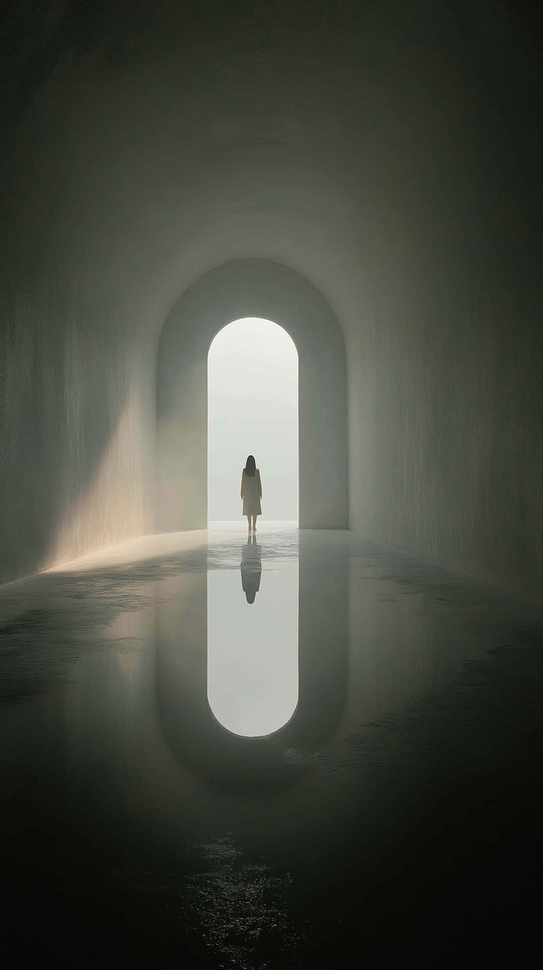 Solitary Figure in Glowing Archway Over Misty Water at Sunset 壁紙 — 一個孤獨的身影站在彎曲隧道盡頭，沐浴在柔和光線中，濕漉漉的地板上映出完美倒影。