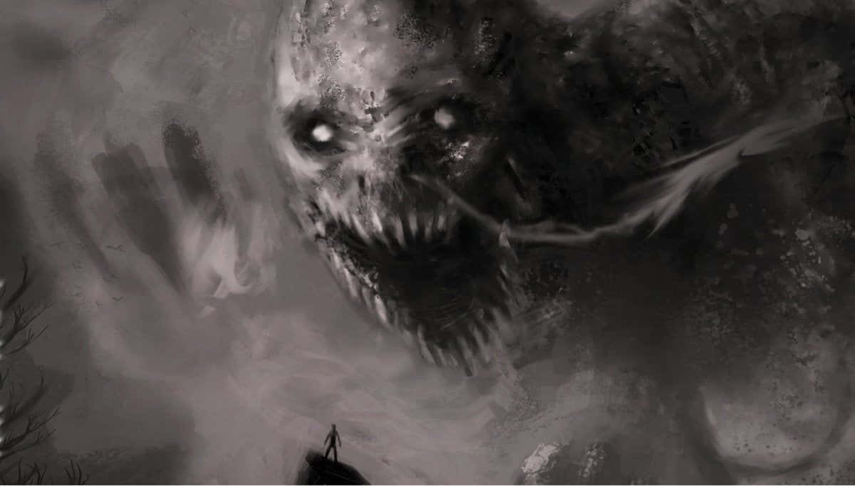 macabre 桌布 壁紙 — 一個孤獨的身影站在懸崖上，一個長滿牙齒的怪物面孔從下方旋轉的迷霧中隱現。