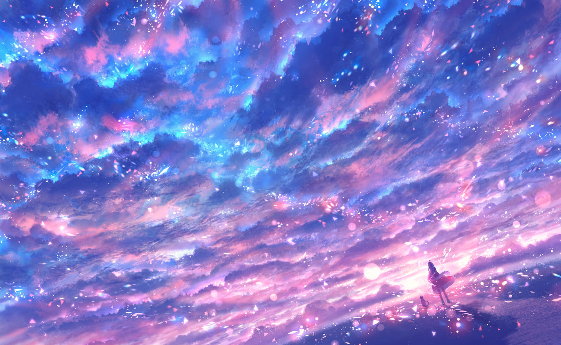 Anime Sky 桌布 壁紙 — 一個孤獨的身影站在懸崖上，下方是充滿活力的天空，旋轉的粉紅色和藍色雲朵點綴著發光的粒子。