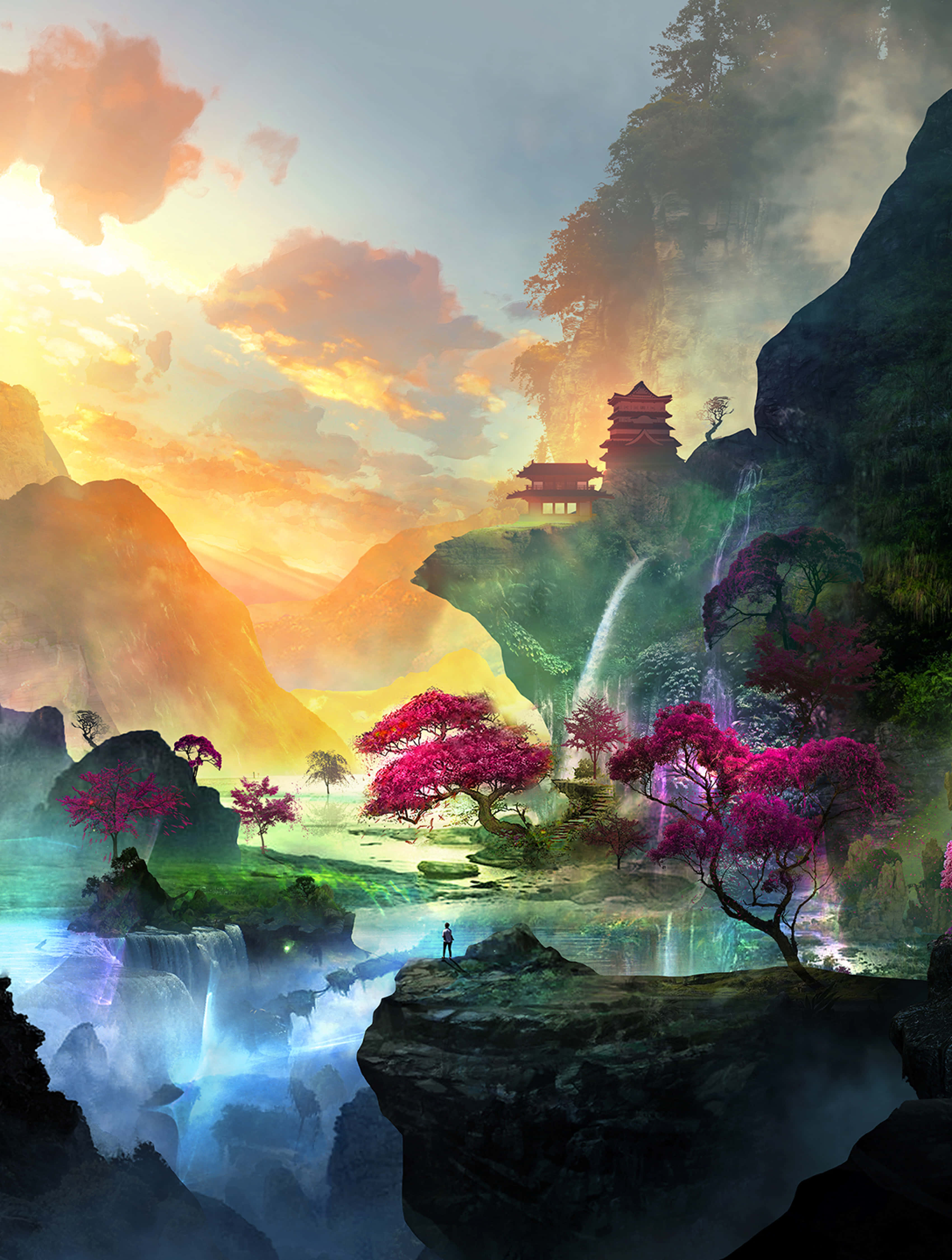 自然 桌布 壁紙 — 一個孤獨的身影站在懸崖上，俯瞰著一個神秘的峽谷，有發光的瀑布、粉紅色的開花樹木和一座坐落在山上的寺廟，在日落時分。