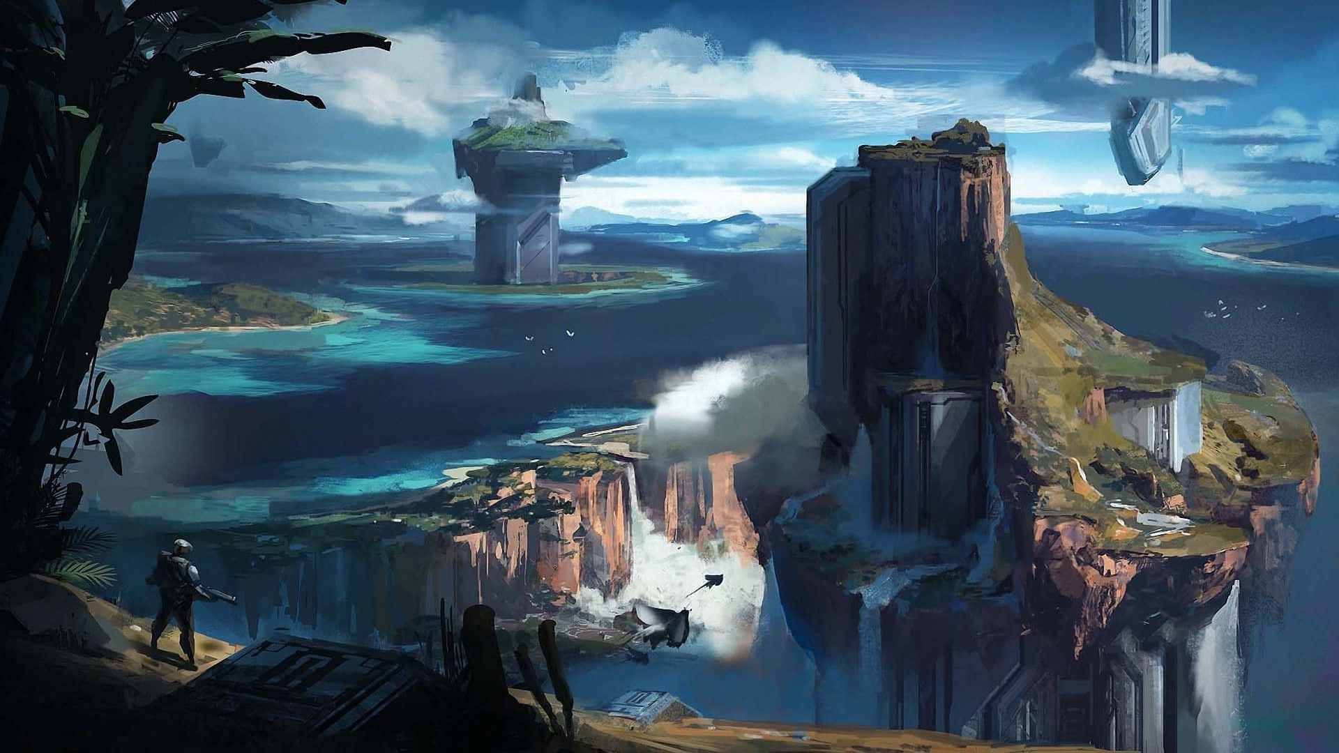 Cartoon Sci-fi 桌布 壁紙 — 一個孤獨的身影站在懸崖上，俯瞰著廣闊的海洋，有浮島遺跡和層疊瀑布，天空多雲。