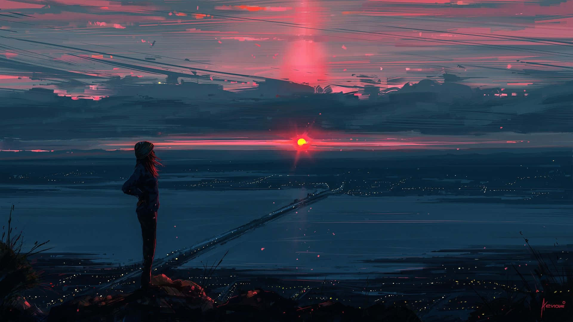 一個人觀看城市和水面上充滿活力的粉紅色日落的剪影。 — 動畫風景 壁紙