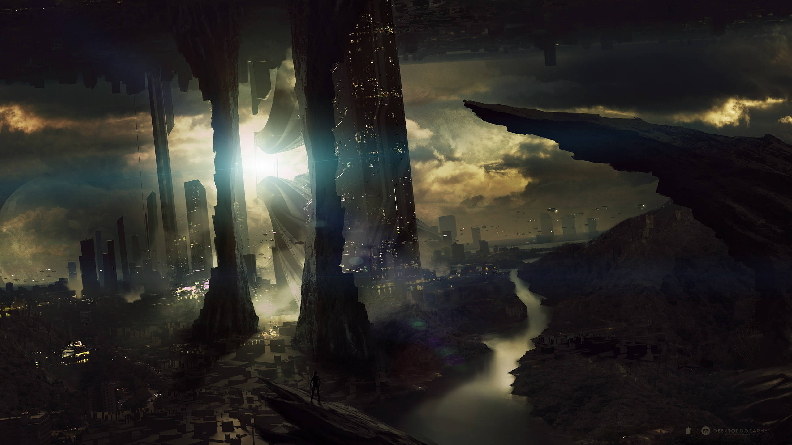 Sci Fi Landscape 桌布 壁紙 — 一個孤獨的身影站在懸崖上，俯瞰著一座未來城市，這座城市坐落在巨大的浮動結構之間，上方是風暴般的暮色天空。