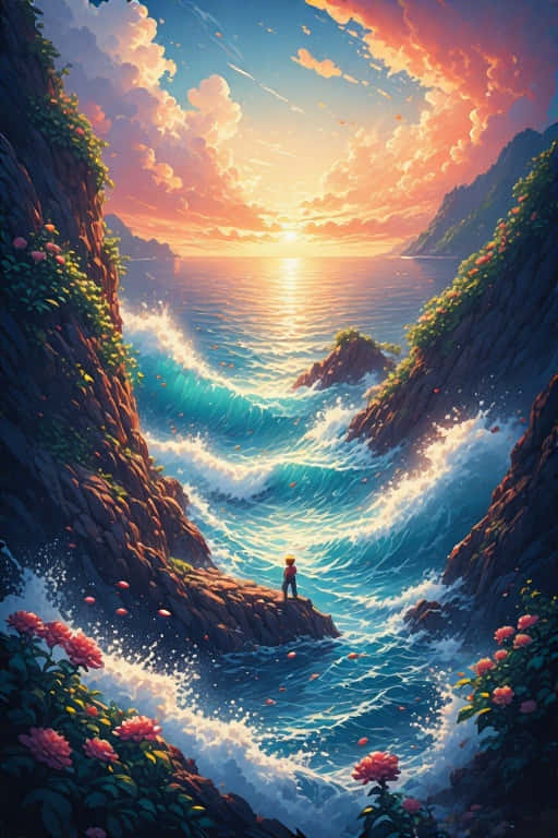 Stunning Sea Anime Realism Precisionist Art 壁紙 — 一個孤獨的身影站在懸崖上，俯瞰著日落時分充滿活力的海洋峽谷，伴有粉紅色的花朵和拍岸的波浪。