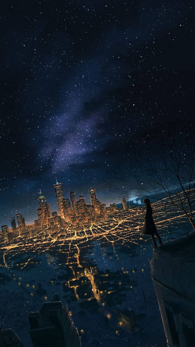 Skyscraper 桌布 壁紙 — 一個孤獨的身影站在懸崖上，俯瞰著在星空下閃爍的城市景觀，銀河清晰可見。