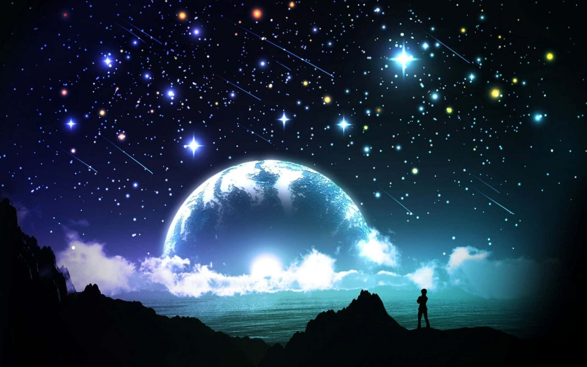 月亮與星星 桌布 壁紙 — 一個孤獨的身影站在懸崖上，凝視著懸浮在滿是流星星空中的發光藍色星球。