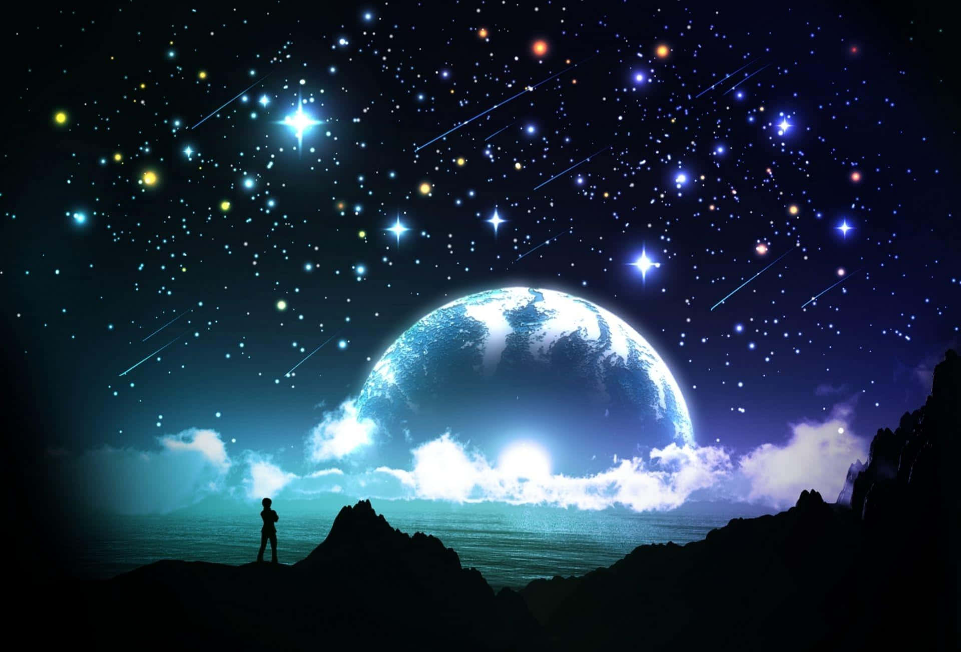雲朵 桌布 壁紙 — 一個孤獨的身影站在懸崖上，凝視著懸浮在滿是流星的星空夜空中發光的藍色行星。