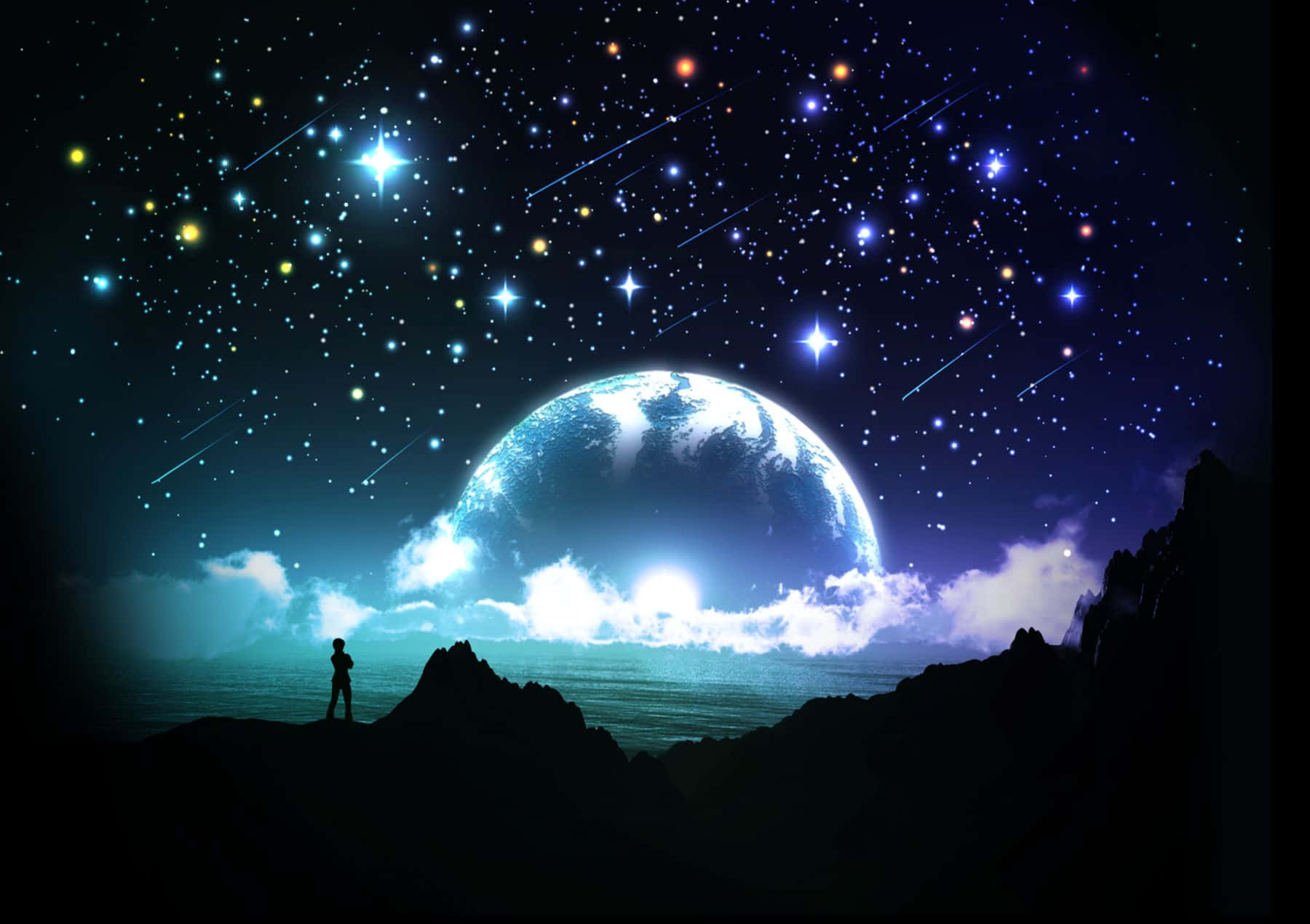 月亮與星星 桌布 壁紙 — 一個孤獨的身影站在懸崖上，凝視著一顆懸浮在滿是流星的星空夜空中的發光藍色行星。