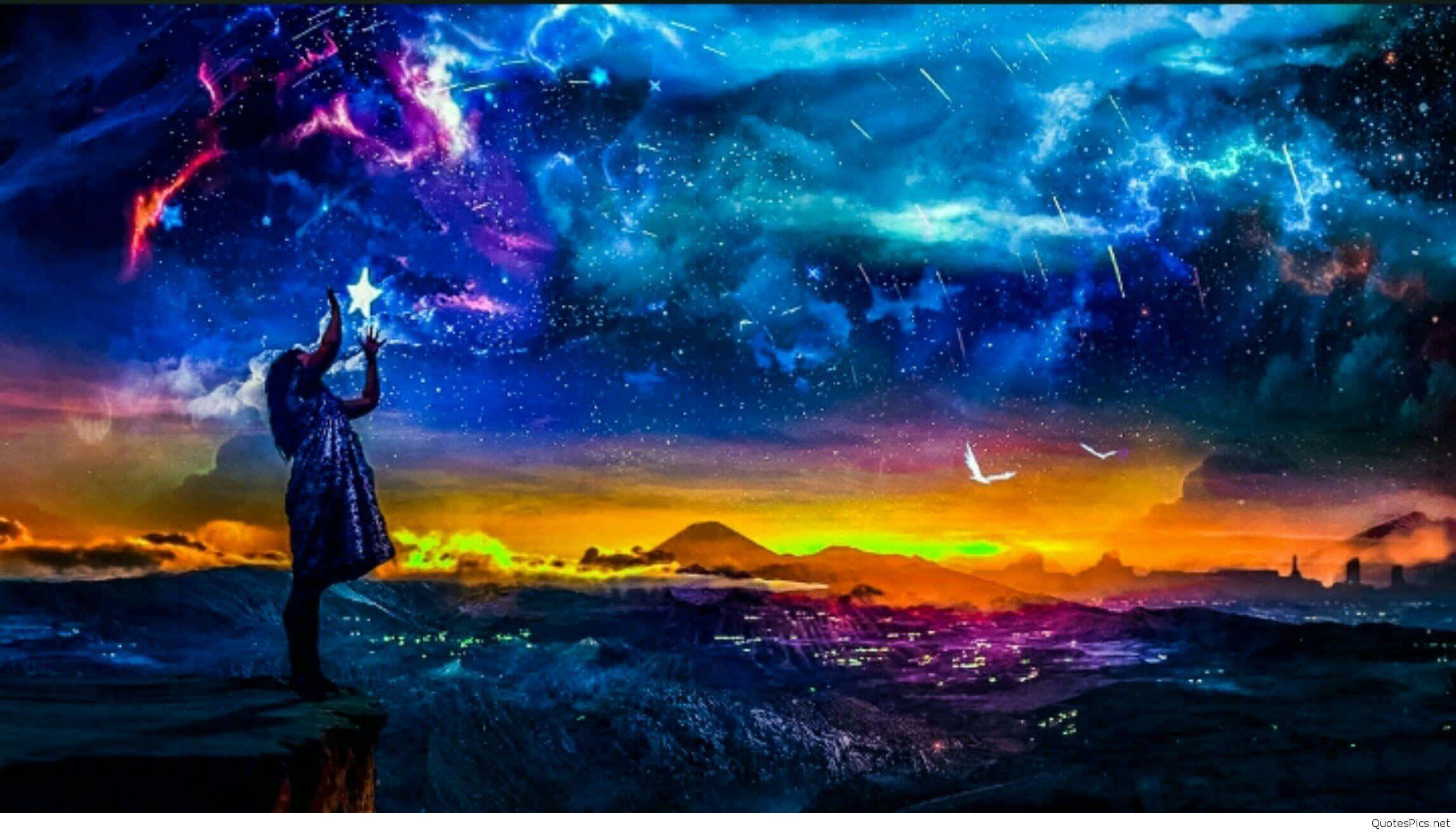 夢幻 桌布 壁紙 — 一個孤獨的身影站在懸崖上，在充滿活力的宇宙天空下，向著發光的城市景觀上方的一顆星星伸出手。