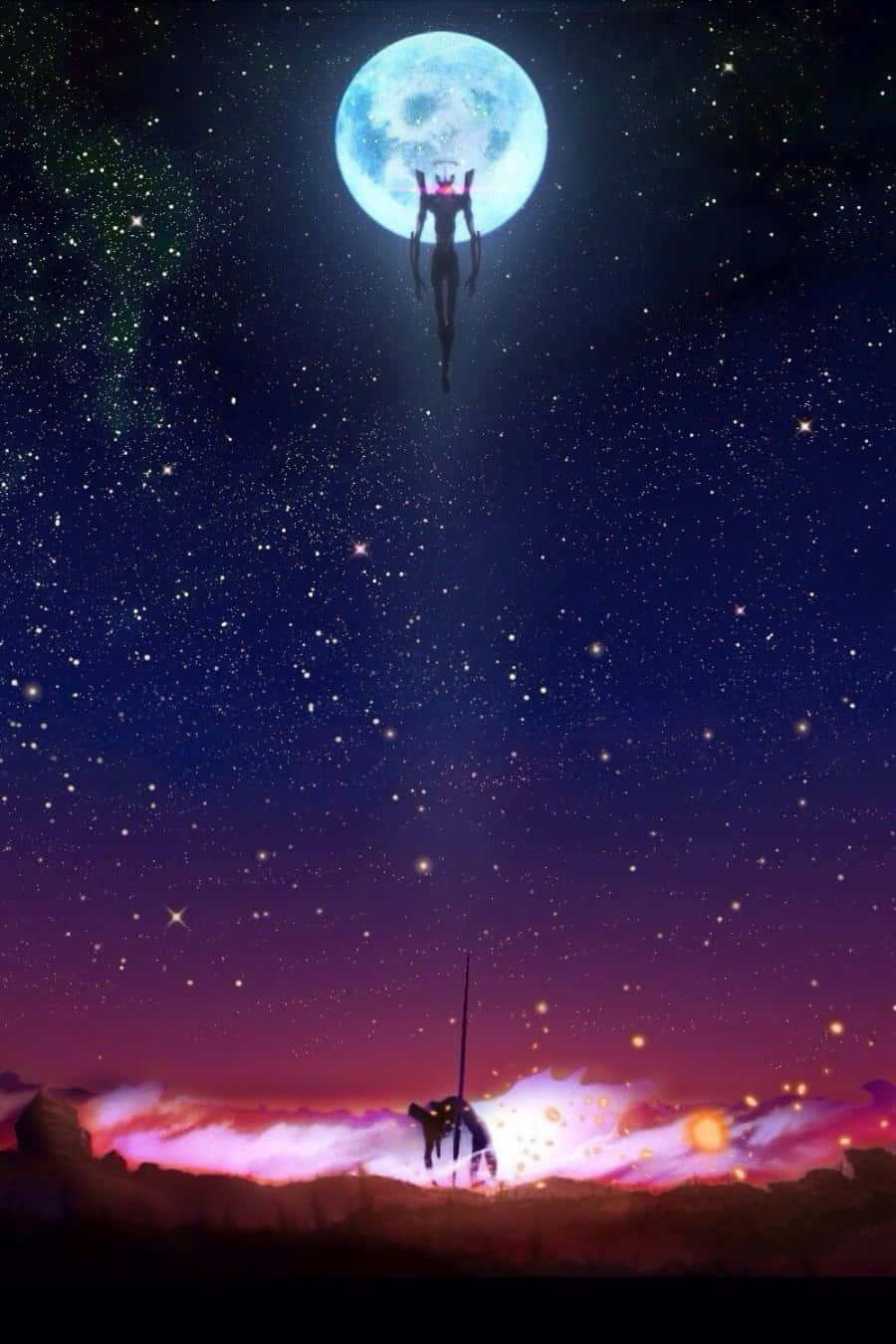 動漫 桌布 壁紙 — 一個孤獨的身影站在懸崖上，星空下，一個巨大的發光月亮懸浮在上方，一個剪影伸向它。
