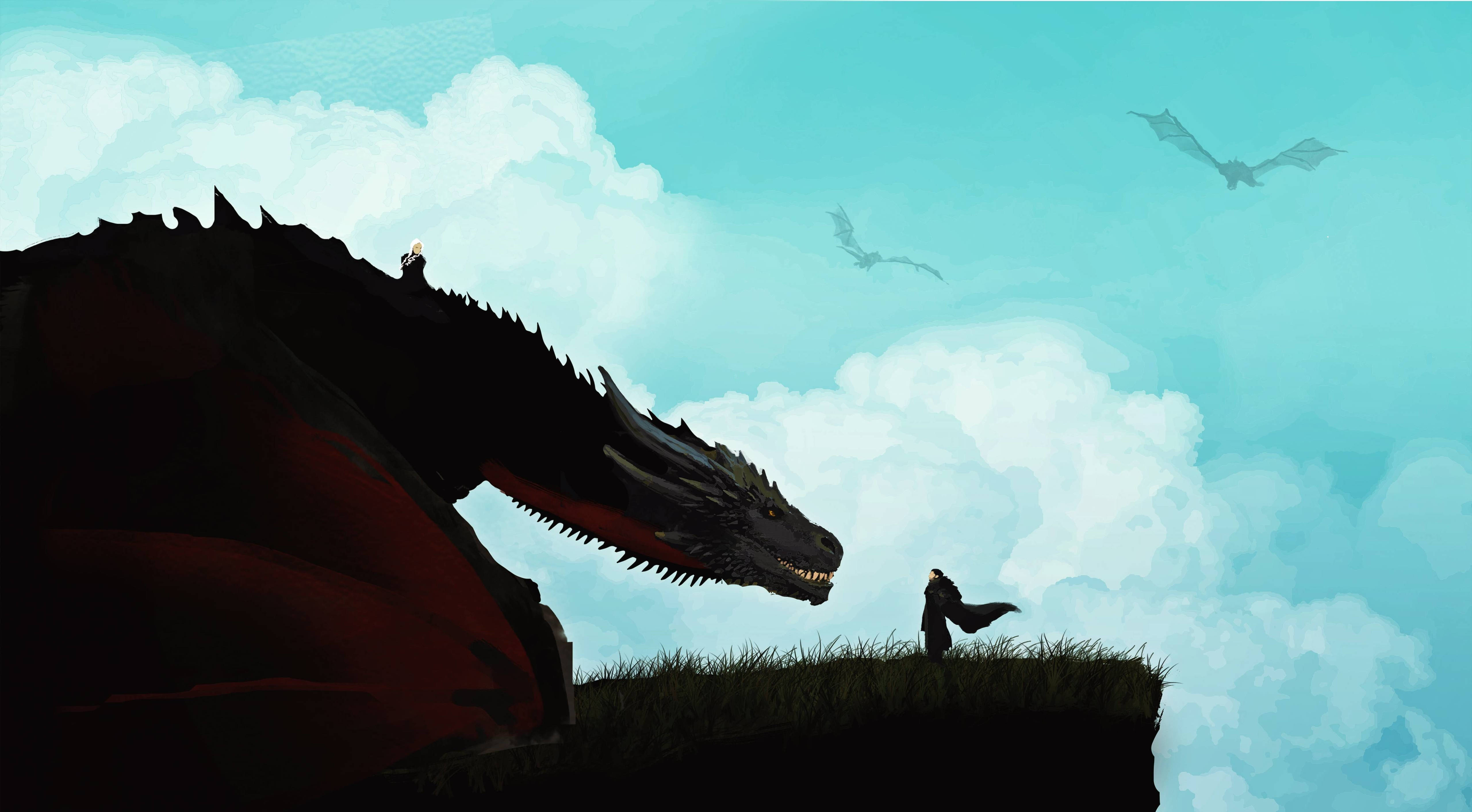 daenerys 桌布 壁紙 — 一個孤獨的身影站在懸崖上，面對一隻腹部紅色、巨大的黑色龍，天空是青綠色，有飛龍。