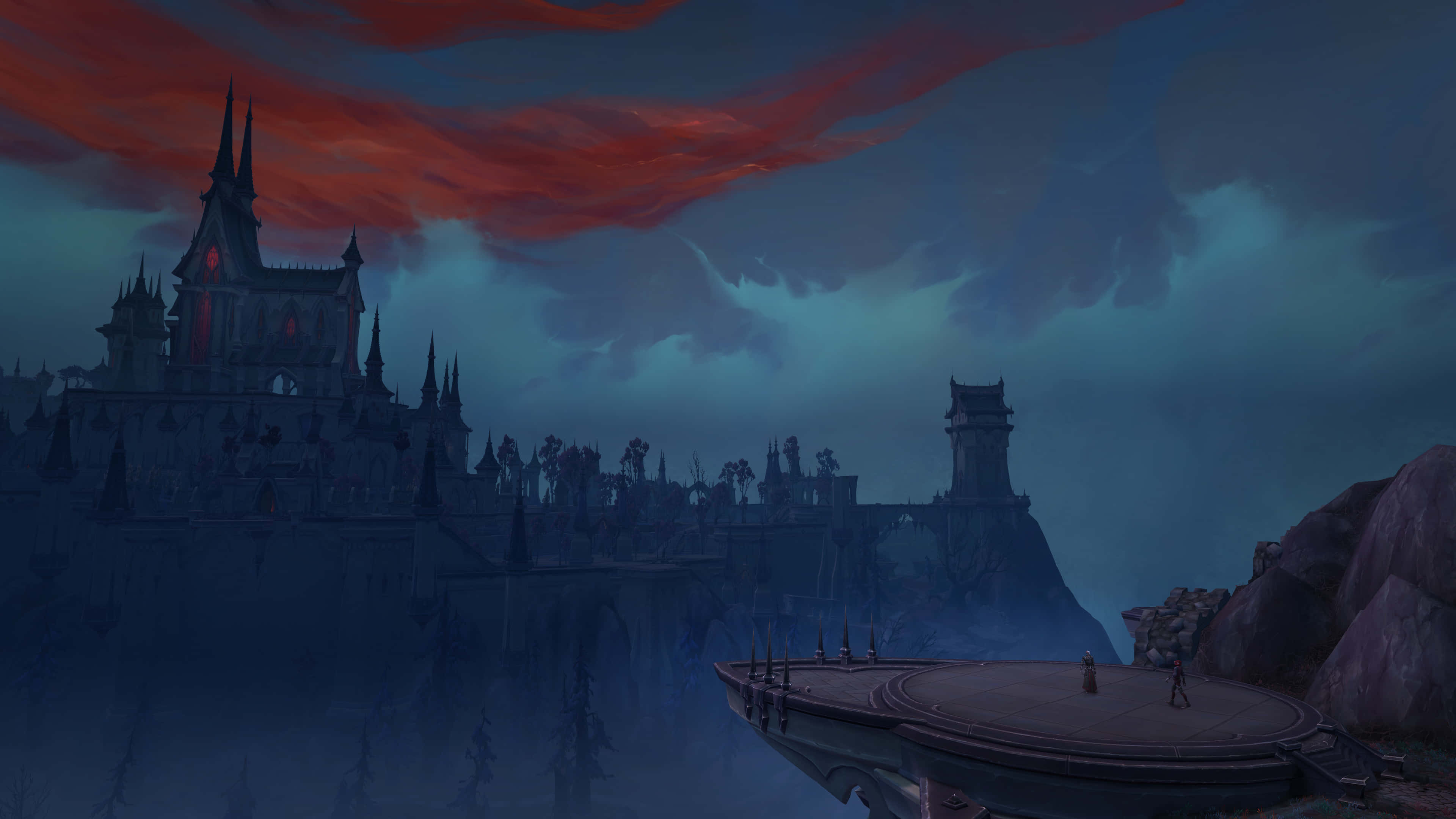 World Of Warcraft Shadowlands 桌布 壁紙 — 一個孤獨的身影站在懸崖平台上，俯瞰著霧氣瀰漫的哥德式城堡，背景是戲劇性的紅與青綠色暮光天空。