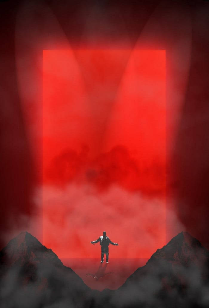 Kanye 桌布 壁紙 — 一個孤獨的身影站在懸崖邊，面對一個發光的紅色傳送門，背景是迷霧籠罩、不祥的景觀。