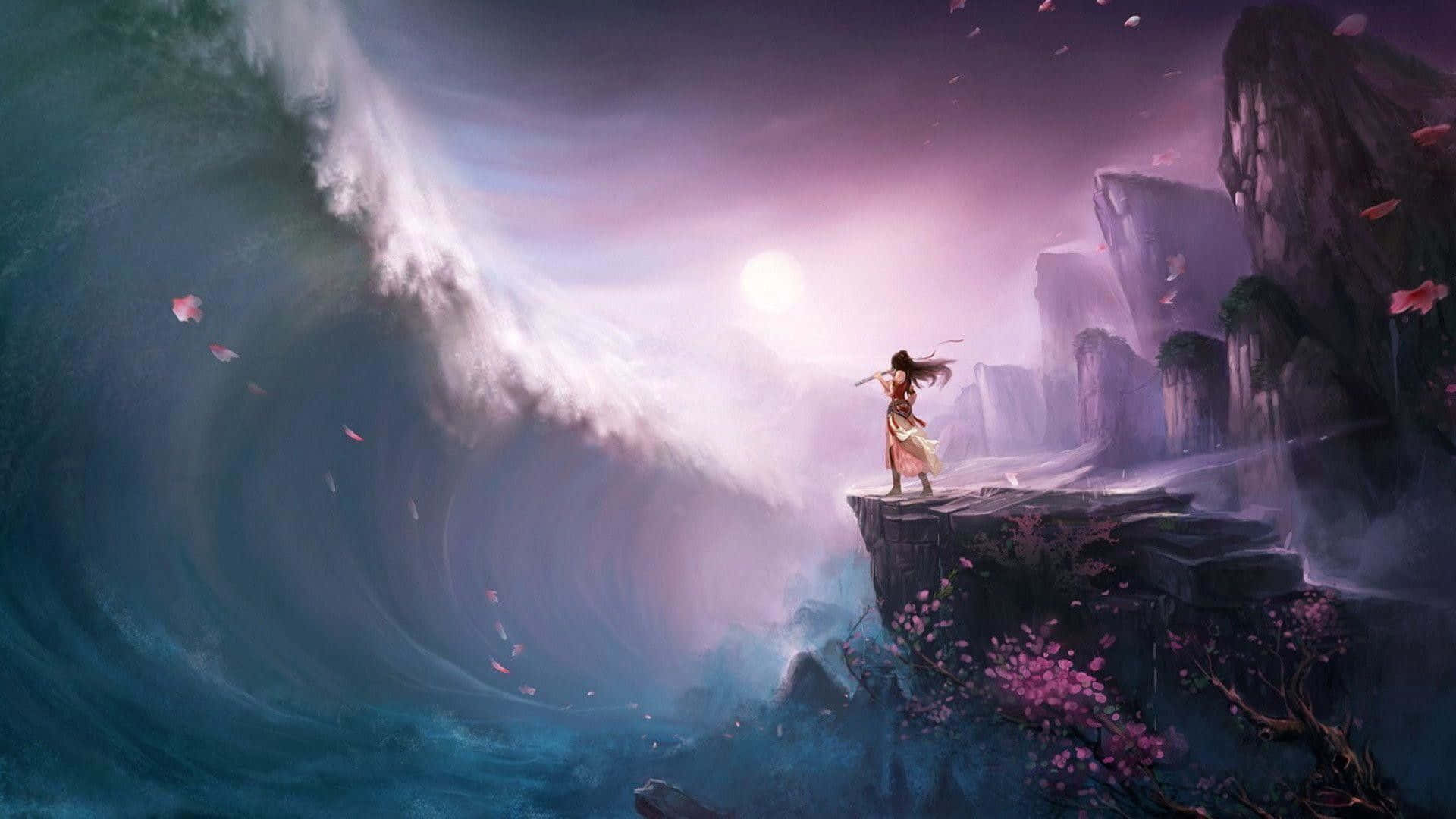 Fantasy Anime 桌布 壁紙 — 一個孤獨的身影站在懸崖邊，面對著巨大的海浪，在發光的月亮下，櫻花飄落。