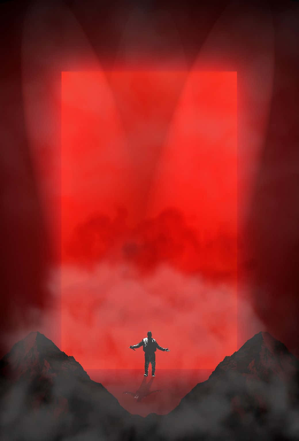 Kanye West Yeezus 桌布 壁紙 — 一個孤獨的身影站在懸崖邊，面對著一個發光的紅色傳送門，背景是迷霧籠罩、不祥的景觀。