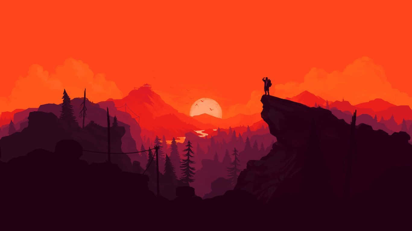 1366x768 Minimalist 桌布 壁紙 — 一個孤獨的身影站在懸崖頂上，在層層山脈和松樹林上方火紅橙色的日落映襯下形成剪影。