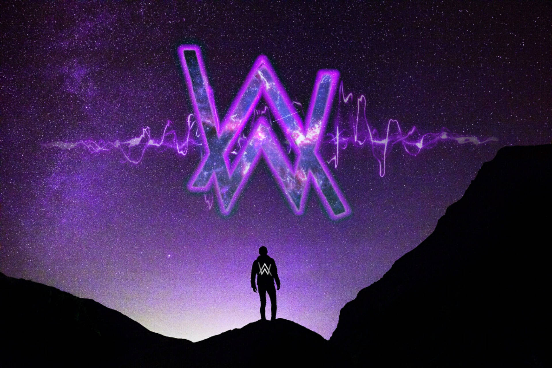在紫色星空下，山頂上一個人的剪影，帶有發光的Alan Walker標誌。 — DJ GIF 壁紙