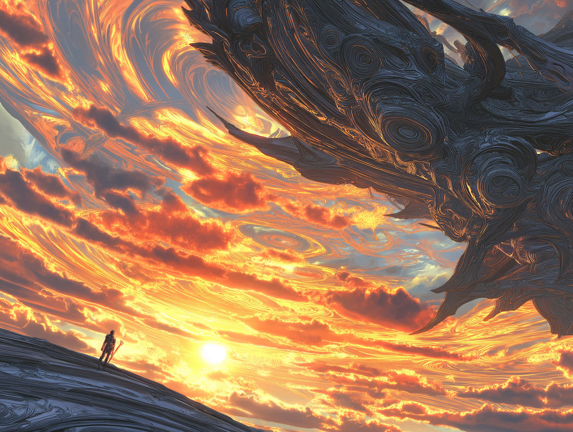 Figure on Alien Landscape Observing Colossal Organic Structure 壁紙 — 一個孤獨的身影站在旋轉的懸崖上，下方是巨大的華麗生物，背景是火紅的日落天空。