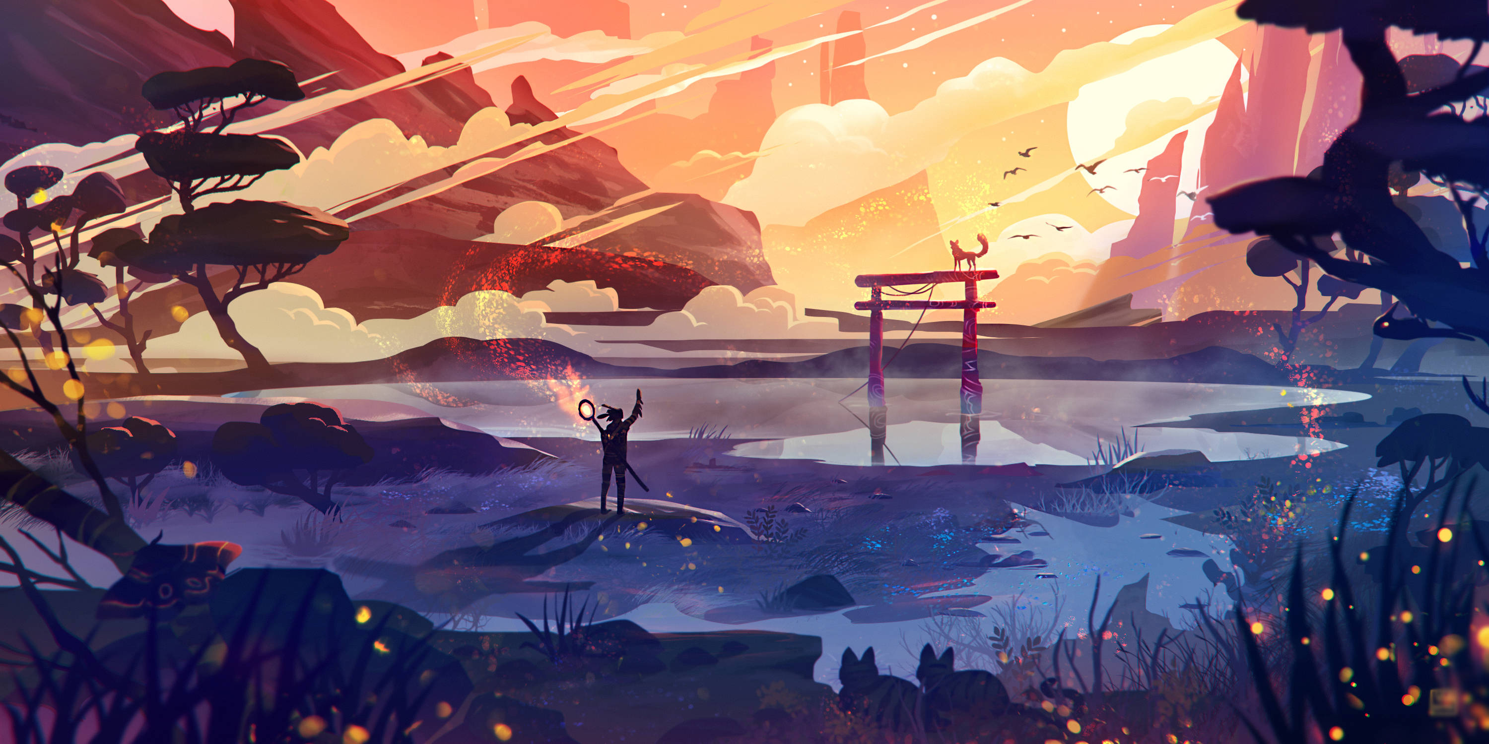 Torii 桌布 壁紙 — 一個孤獨的身影站在日落時分發光的鳥居前，向被風格化樹木和山脈環繞的霧氣湖面撒下魔法火花。