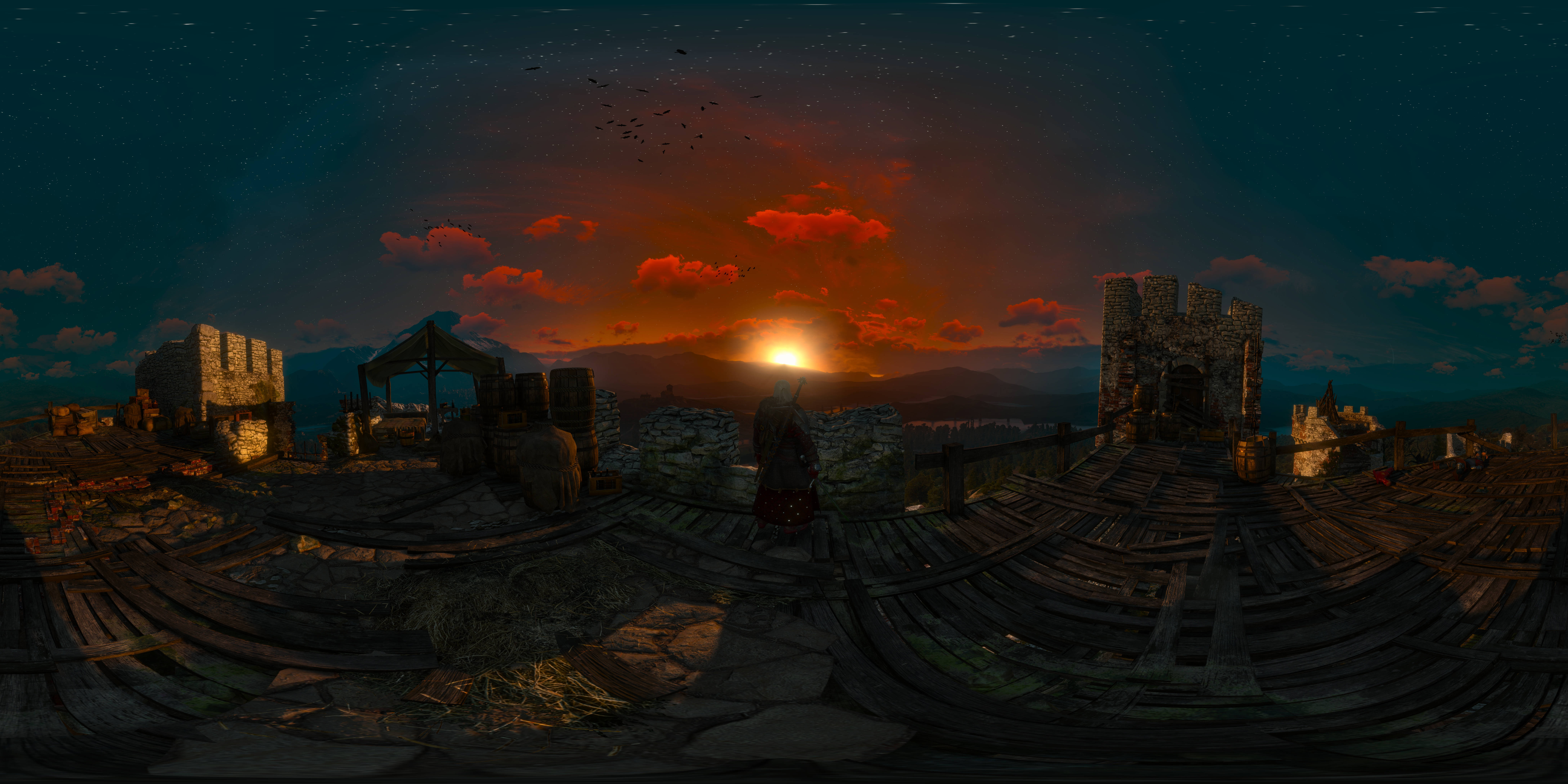 The Witcher 3 桌布 壁紙 — 一個孤獨的身影站在日落時分的古老石頭廢墟上，在火紅的橙色雲彩和星光燦爛的暮色天空中形成剪影。