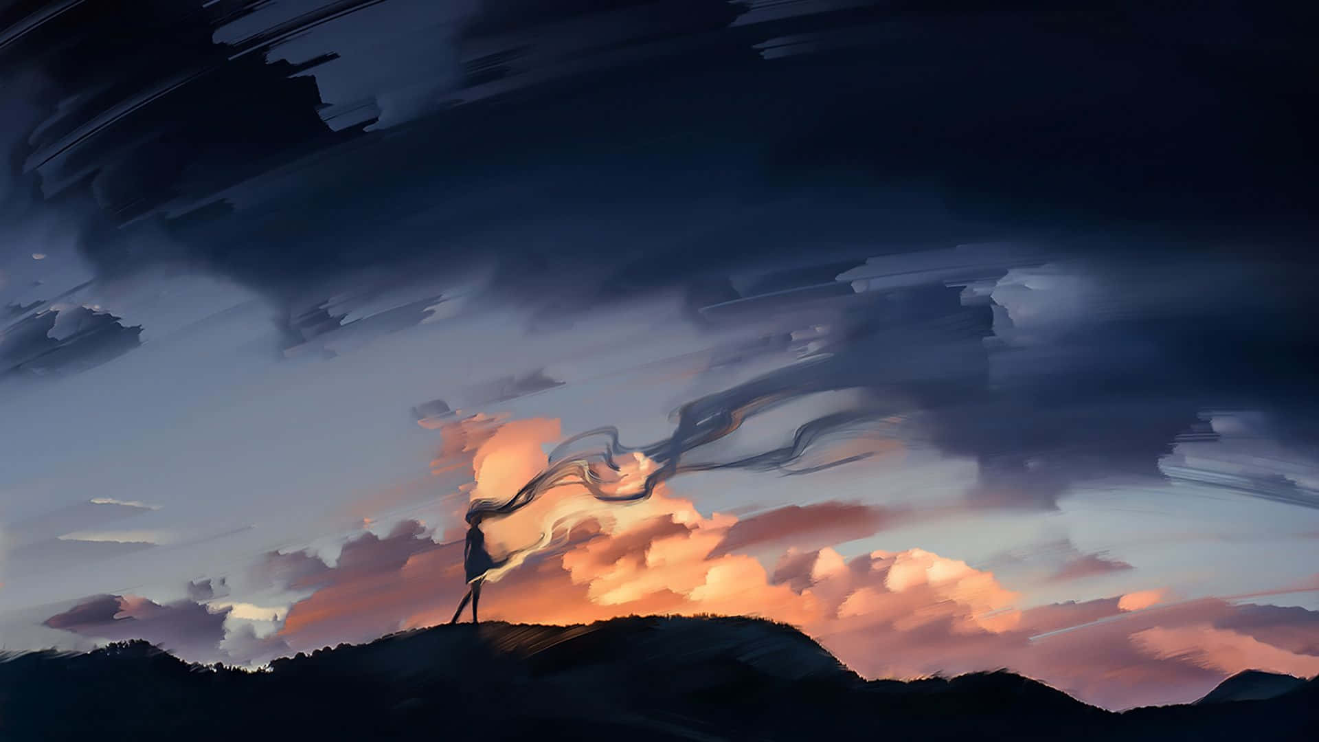 Anime Sunset 桌布 壁紙 — 一個孤獨的身影站在日落時分的山頂上，他們的圍巾在風中飄揚，映襯著戲劇性的天空。
