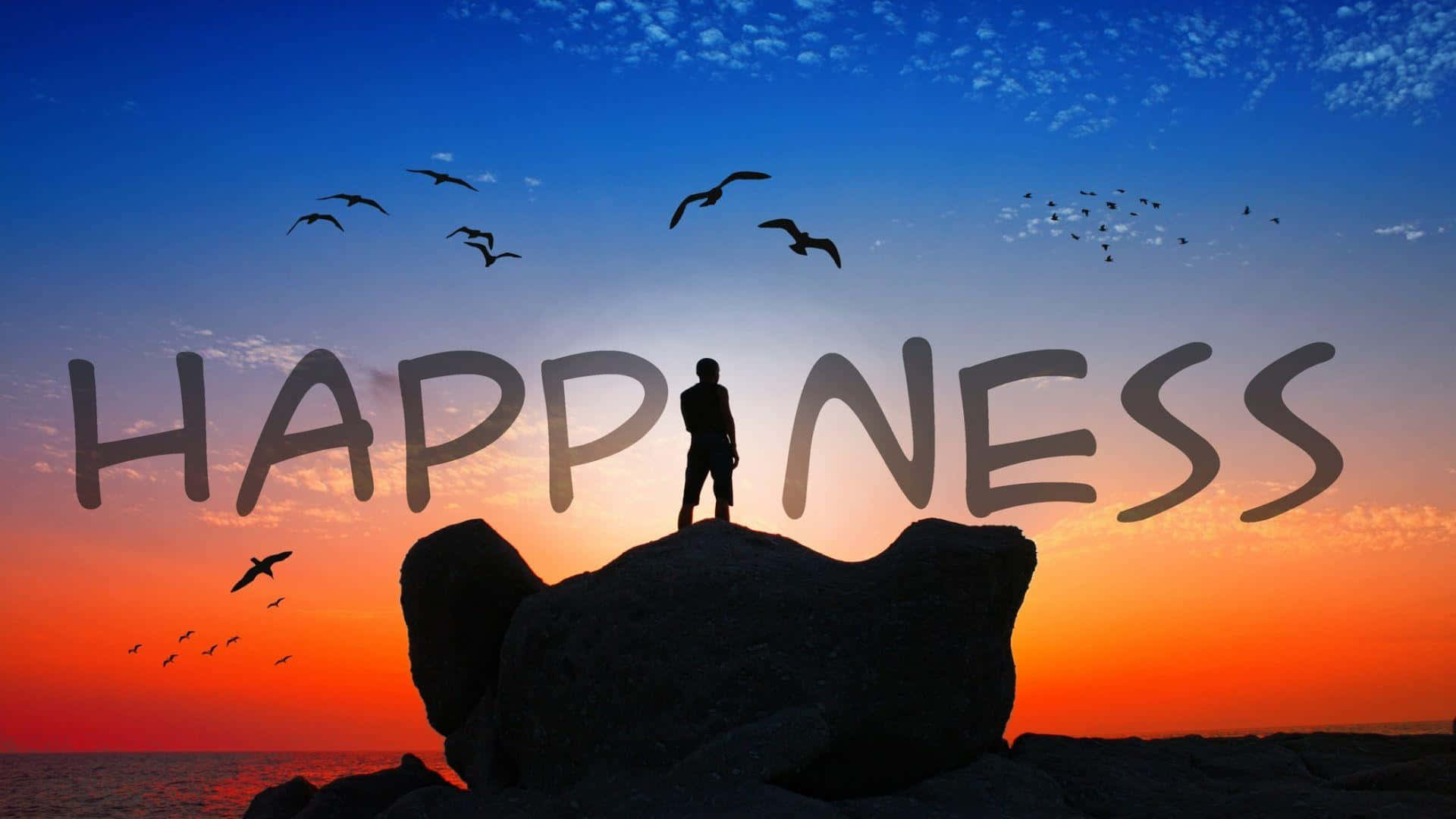 happiness 桌布 壁紙 — 一個孤獨的身影站在日落時分的岩石懸崖上，鳥兒在漸變的天空中翱翔，並疊加了happiness這個詞。