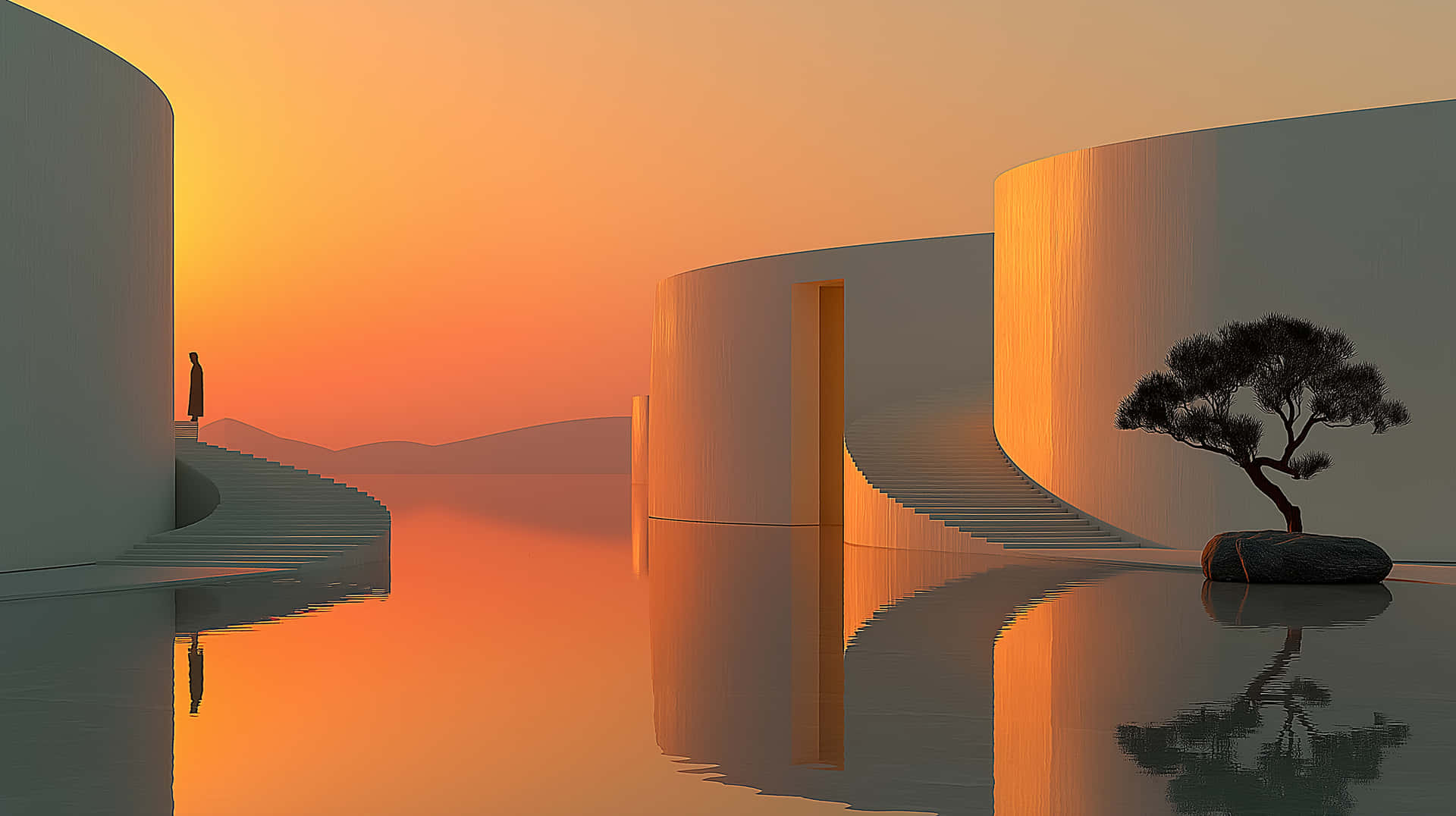 Hangzhou Cityscape: Modern Towers and Poetic Sky 壁紙 — 一個孤獨的身影站在日落時分的白色弧形建築上，倒映在盆栽旁邊平靜的水面上。