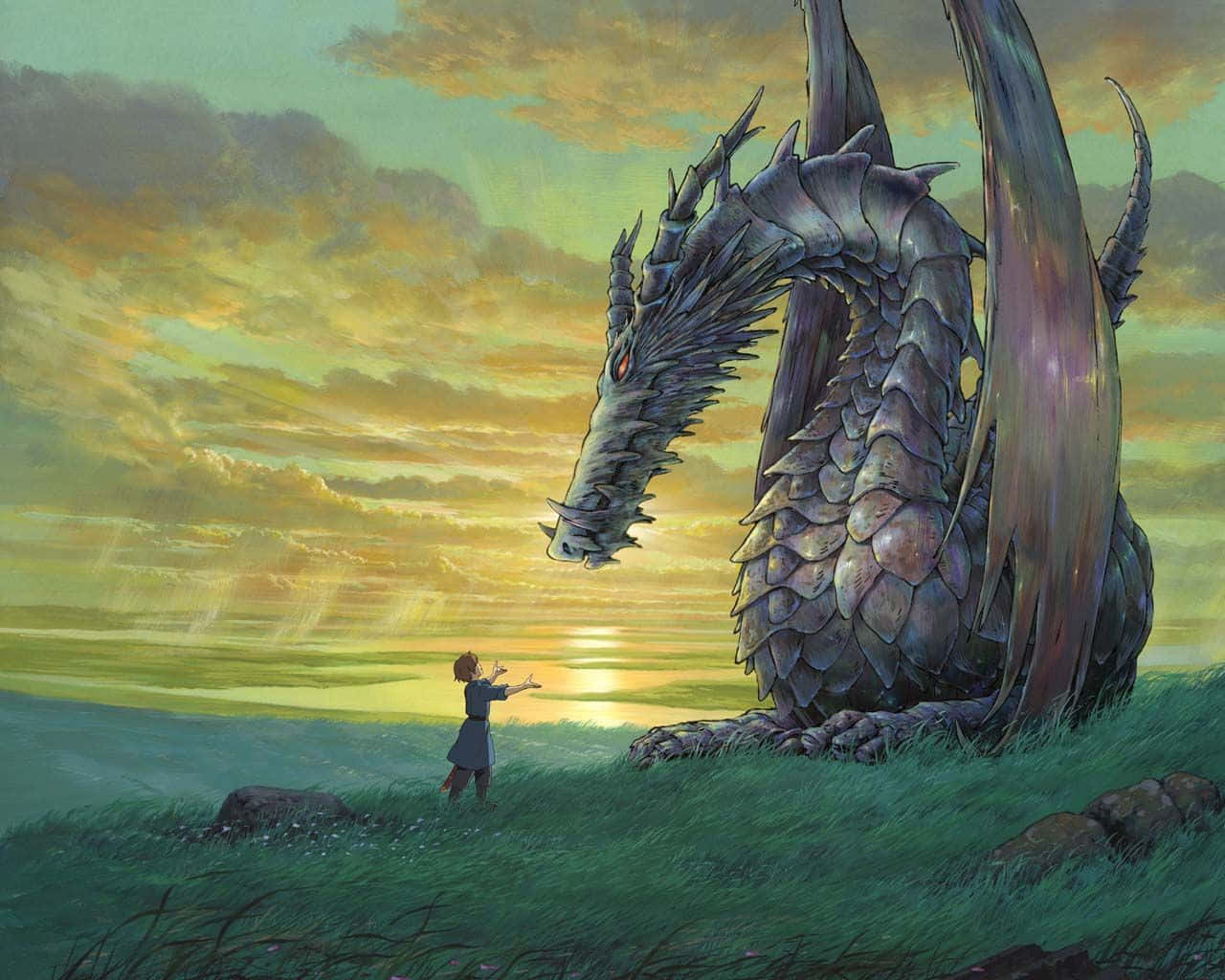 Tales From Earthsea 桌布 壁紙 — 一個孤獨的身影站在日落時分的草地上，面對著一隻擁有發光眼睛和鱗甲的巨大龍。