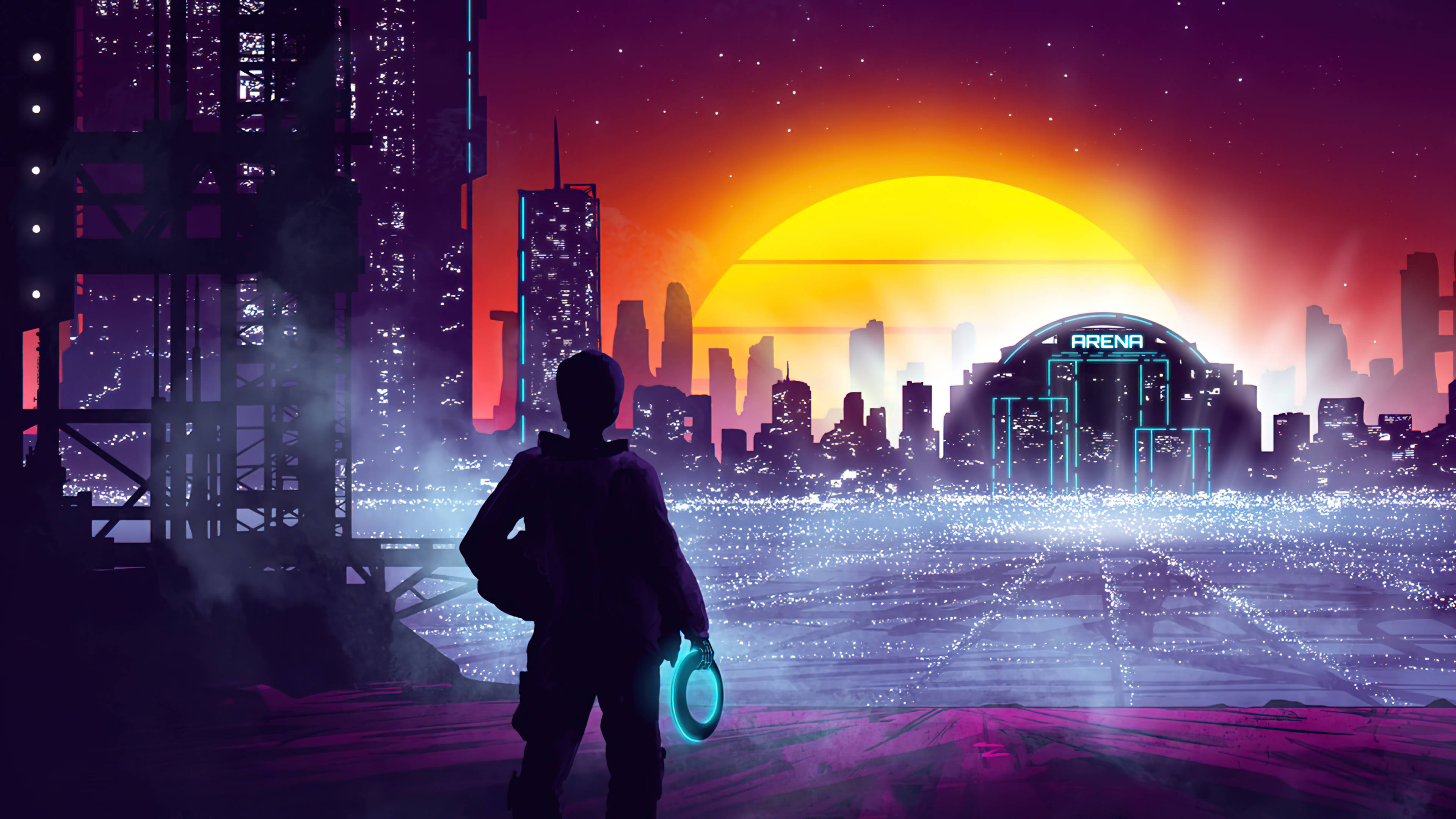 Fantasy Art 桌布 壁紙 — 一個孤獨的身影站在日落時分閃爍的霓虹城市景觀前，有一個巨大的黃色太陽和一個標有競技場的建築物。
