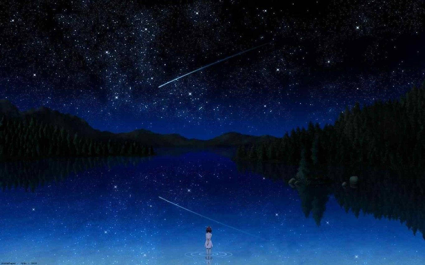 暗黑動漫風格GIF 桌布 壁紙 — 一個孤獨的身影站在星光閃爍的湖邊，頭頂上有一顆流星劃過宇宙天空。