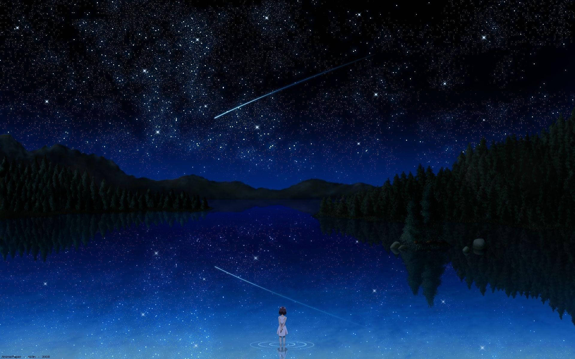 桌布 壁紙 — 一個孤獨的身影站在星光閃爍的湖面上，夜晚一顆流星劃過天際，完美地倒映在水中。