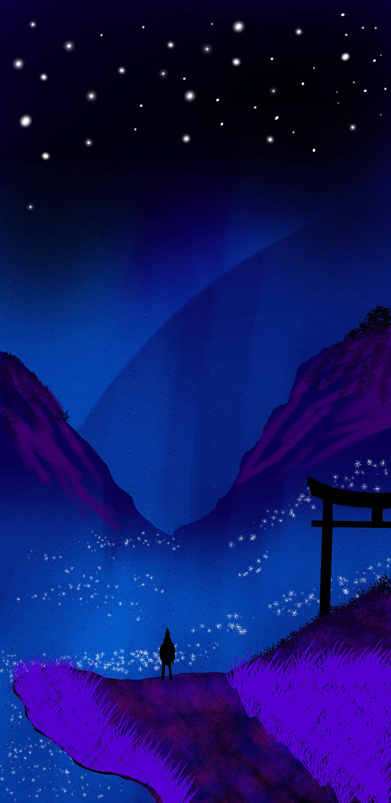 Screen 桌布 壁紙 — 一個孤獨的身影站在星空下，旁邊是發光的鳥居，位於神秘的紫色山谷中。