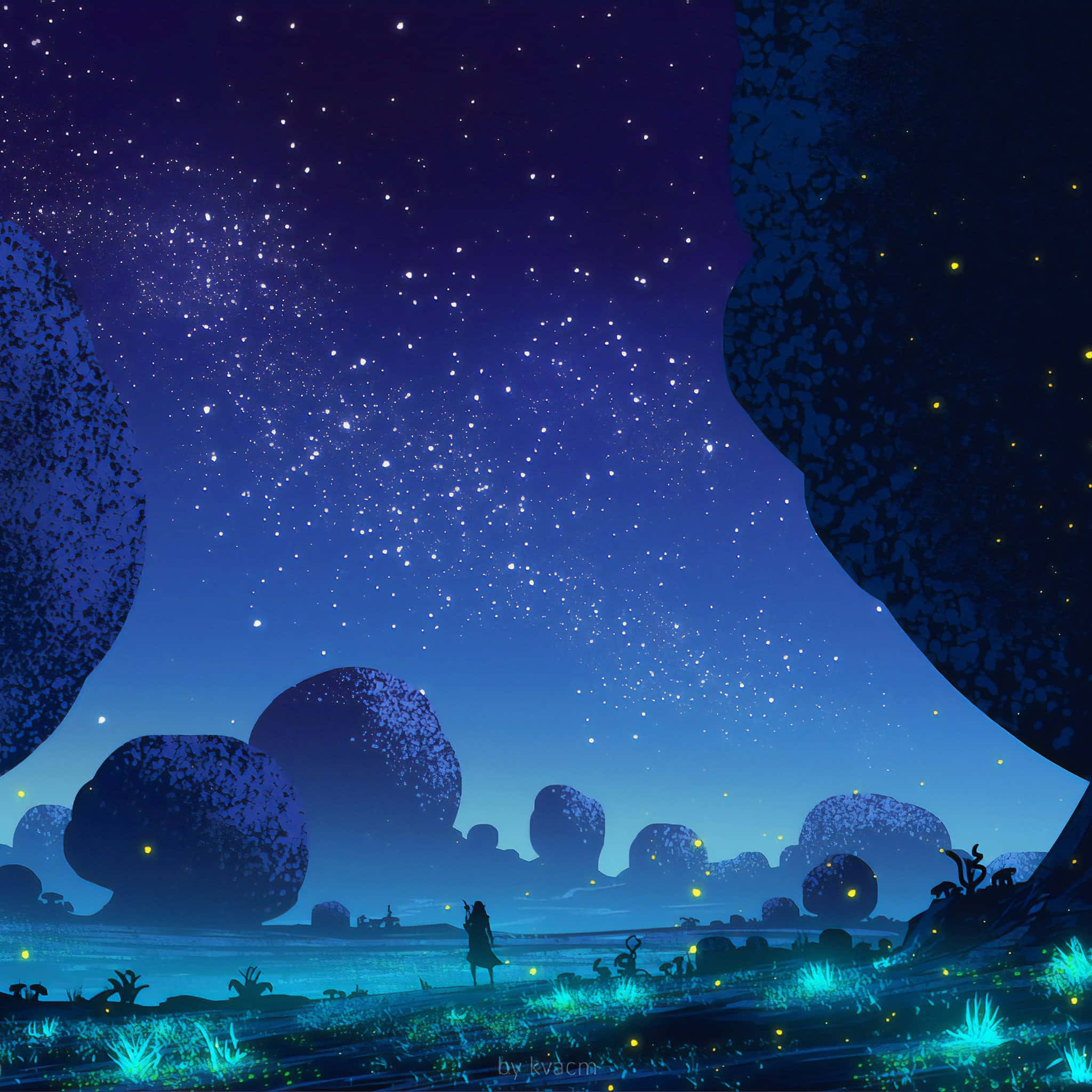 Ambience 桌布 壁紙 — 一個孤獨的身影站在星空下，被發光的巨大岩石結構和生物發光植物環繞。