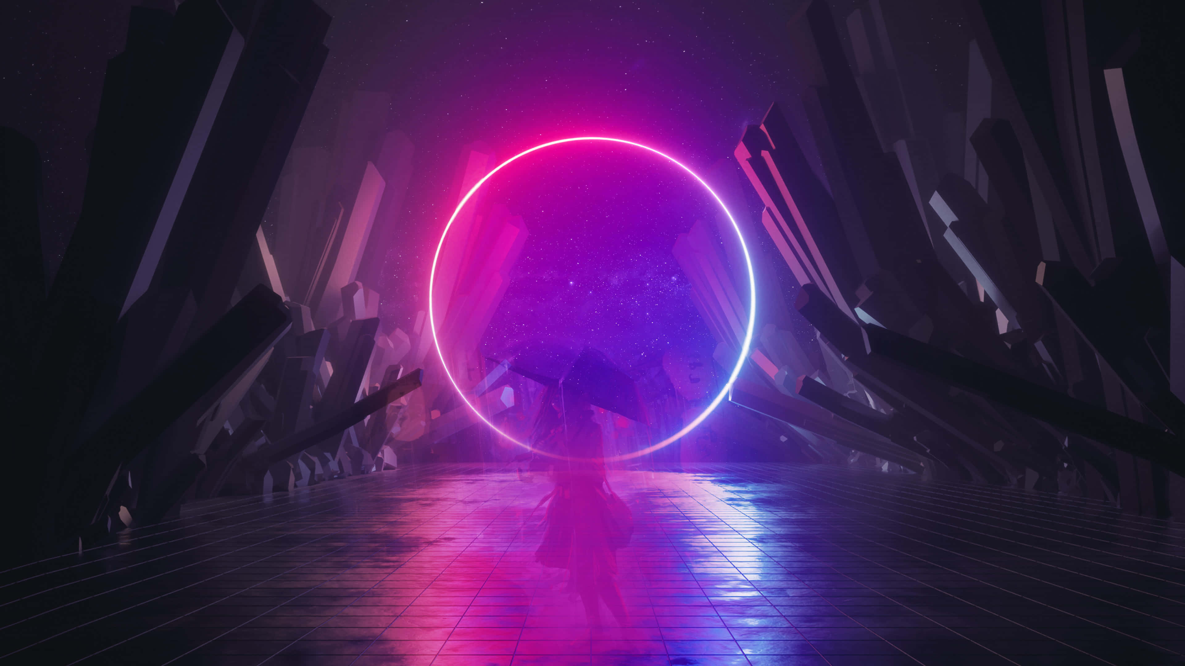 tunnel 桌布 壁紙 — 一個孤獨的身影站在星空下黑暗水晶走廊中發光的霓虹傳送門前。
