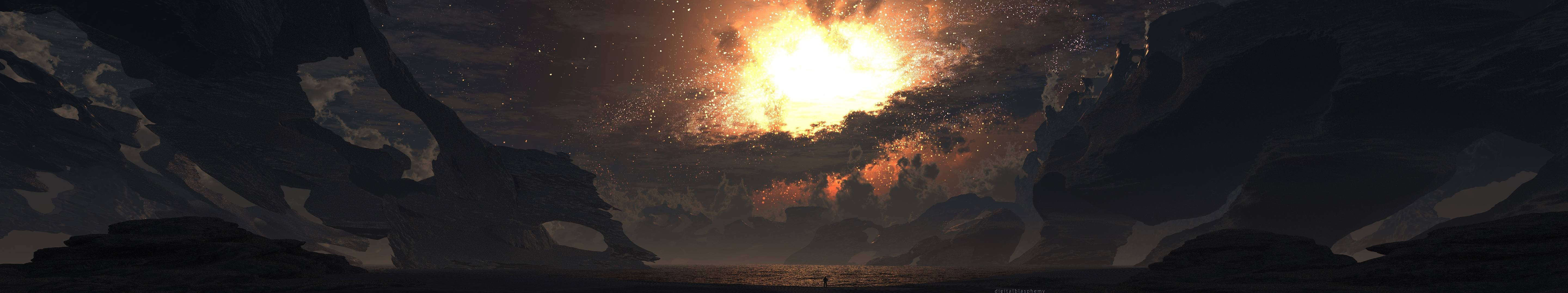 天空 桌布 壁紙 — 一個孤獨的身影站在星空中，宇宙爆炸穿過山巒景觀之前。