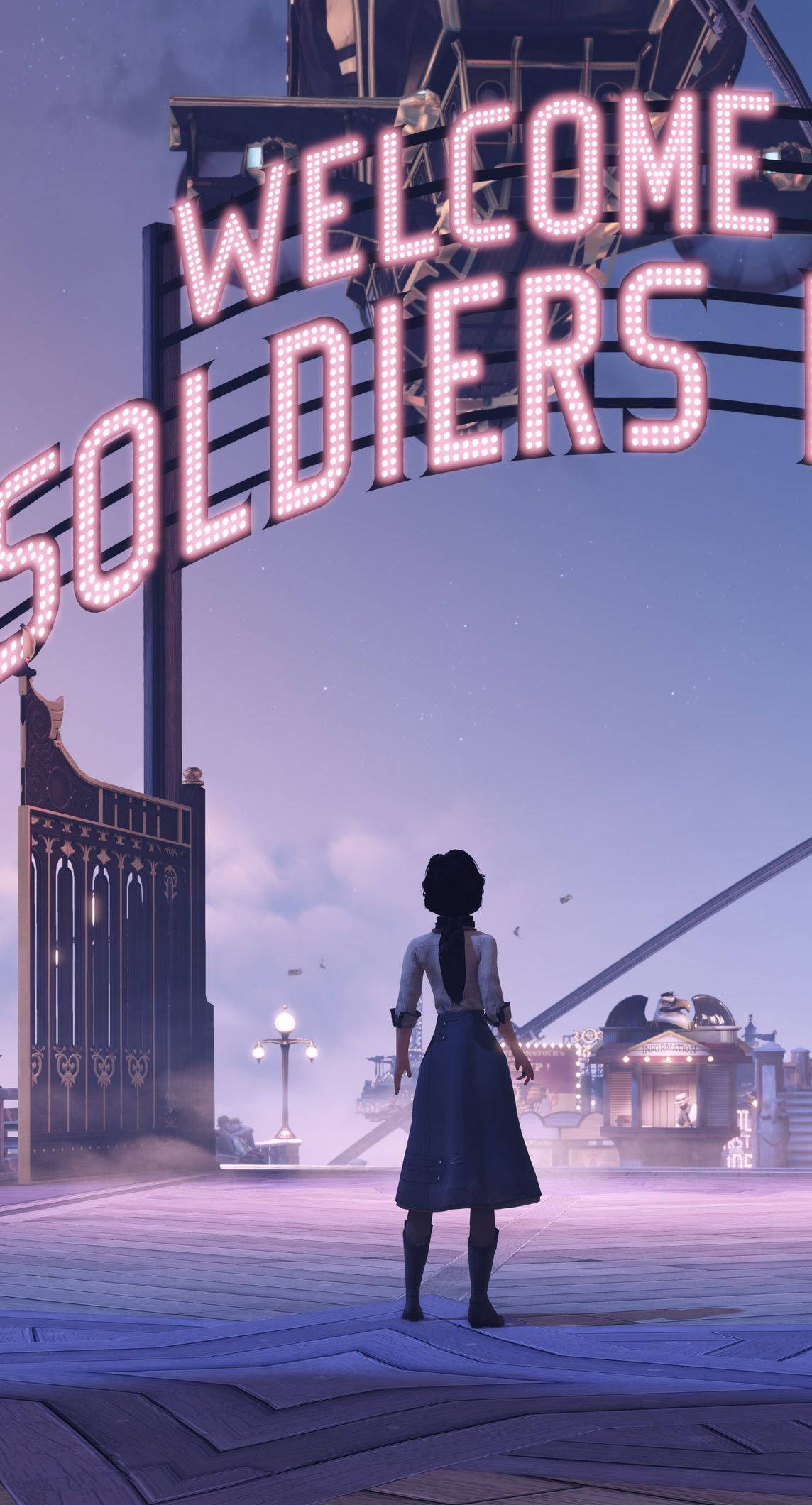 Bioshock Infinite iPhone 桌布 壁紙 — 一個孤獨的身影站在暮色中未來城市景觀中發光的「WELCOME SOLDIERS」標誌下。