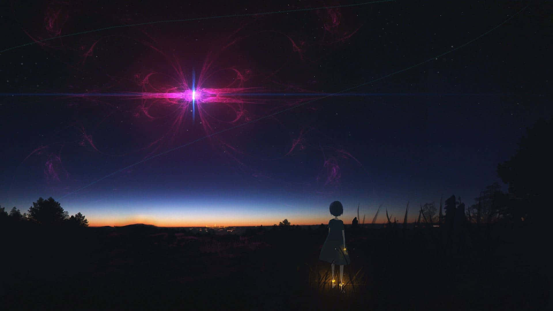 Anime Night 桌布 壁紙 — 一個孤獨的身影站在暮色中的田野上，仰望星空夜空中閃耀的宇宙紫色星爆。