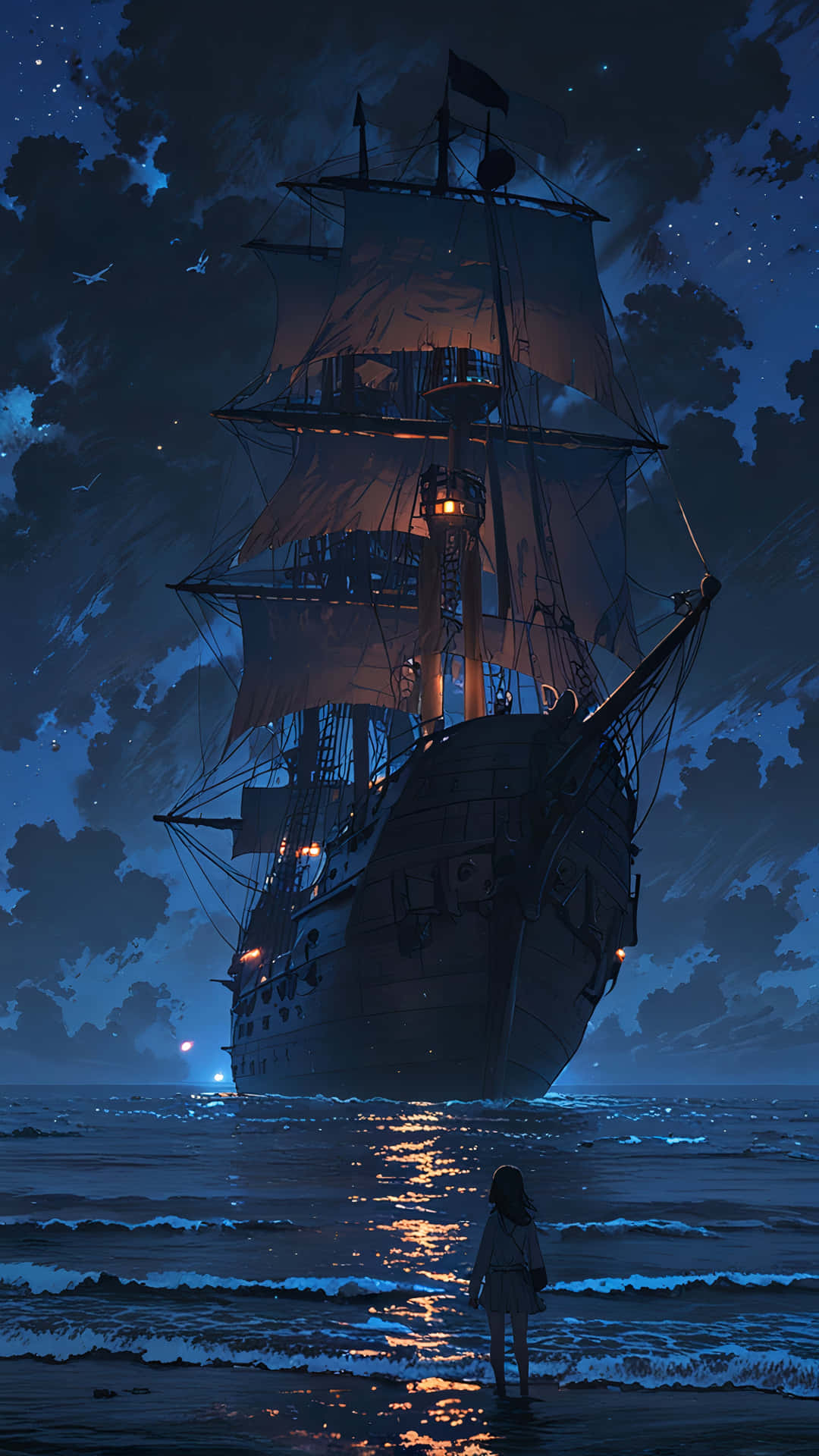 A ship Sailing on the sea at night 壁紙 — 一個孤獨的身影站在月光照耀的海岸上，看著一艘巨大的帆船帶著發光的燈籠在星空下穿過深藍色的水域。
