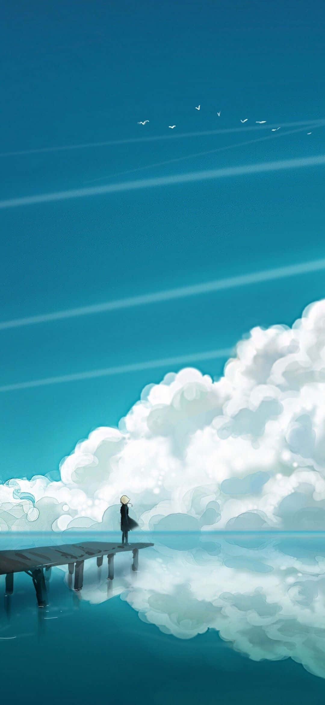Minimalist Sky 桌布 壁紙 — 一個孤獨的身影站在木製碼頭上，凝視著廣闊的天空，天空佈滿蓬鬆的白雲和遠處的鳥兒在寧靜的藍色水面上飛翔。