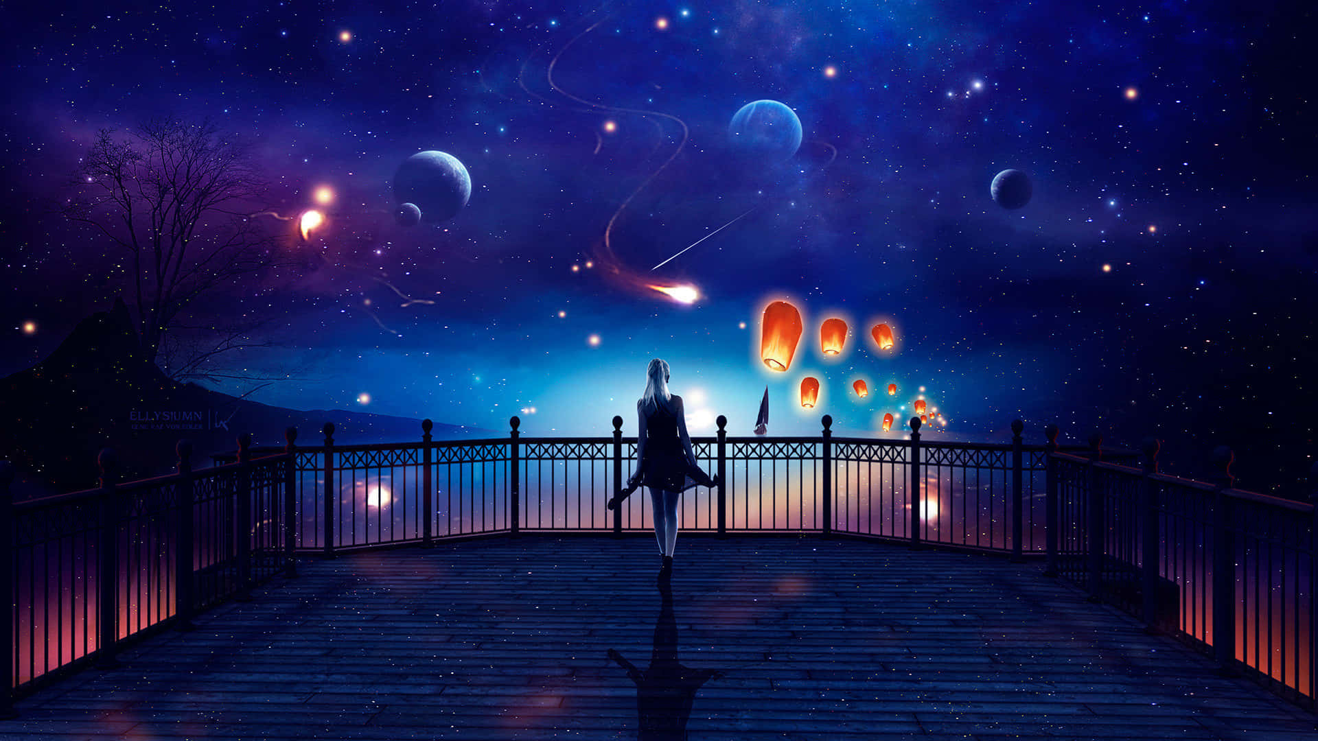 太空 桌布 壁紙 — 一個孤獨的身影站在木製碼頭上，在繁星點點的宇宙天空下釋放發光的燈籠，天空中有漂浮的行星和流星。